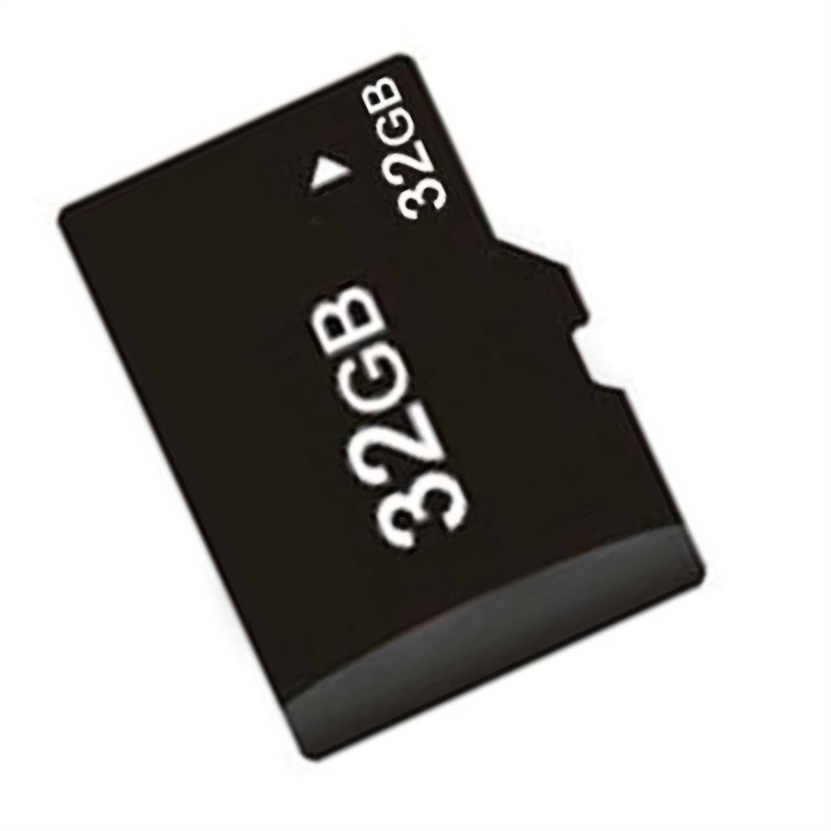 Schwarze 32GB SD-Karte auf weißem Hintergrund. Weißer Text zeigt 32GB Kapazität an.