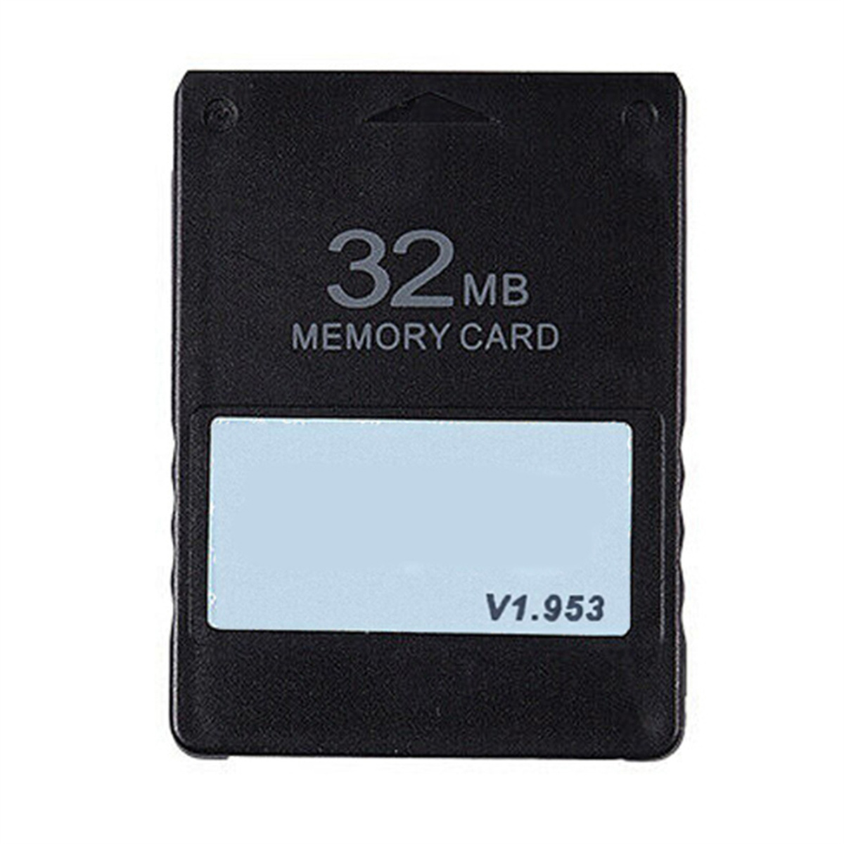 Schwarze 32MB Speicherkarte mit weißem Etikett auf weißem Hintergrund.