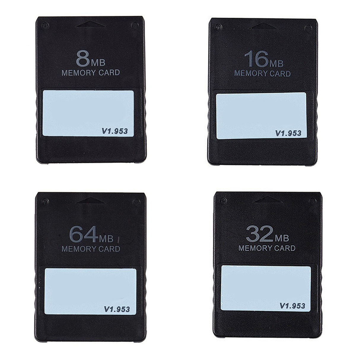Vier Speicherkarten mit unterschiedlichen Kapazitäten: 8MB, 16MB, 32MB und 64MB. Jede hat ein weißes Etikett.