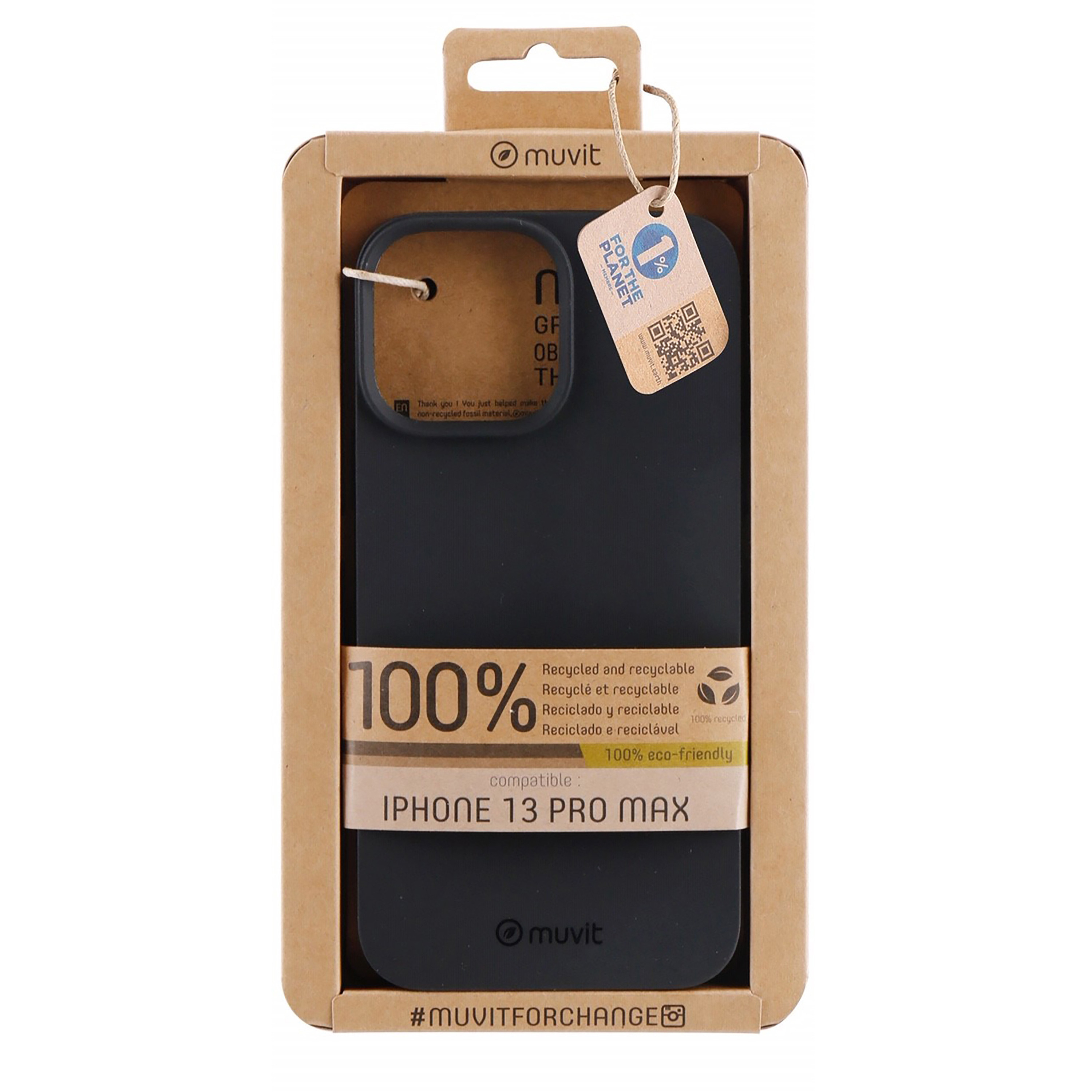 Custodia nera per telefono in una scatola di cartone marrone. La custodia è per iPhone 13 Pro Max. Adesivo verde.