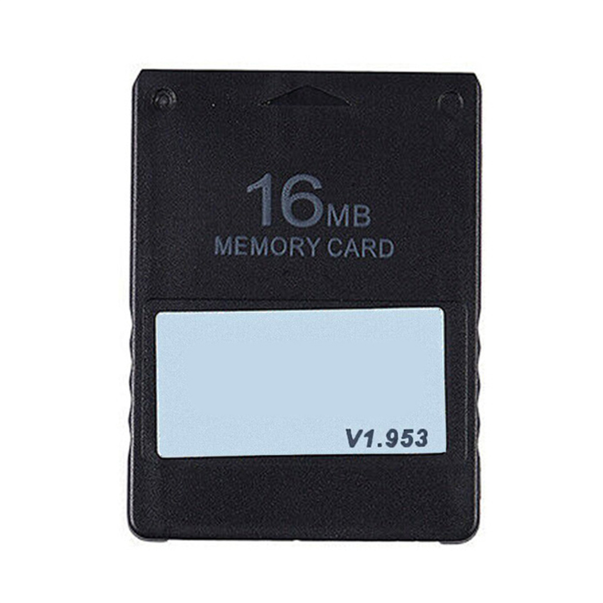 Schwarze 16MB Speicherkarte mit weißem Etikett, freigestellt auf weißem Hintergrund.