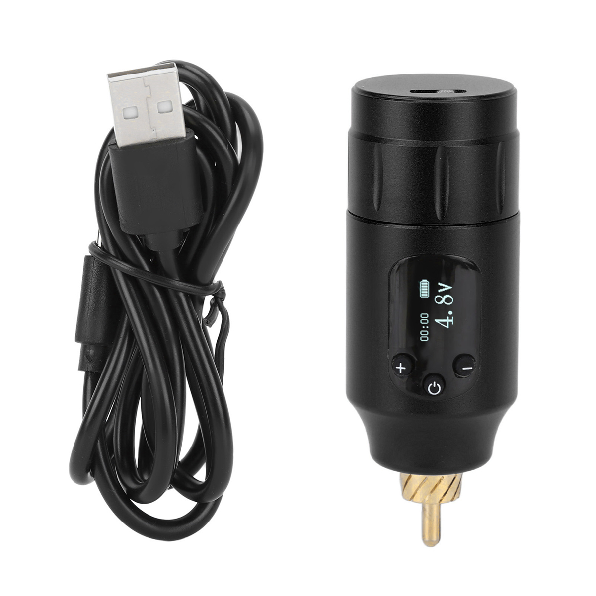 Schwarze, zylindrische Tätowiermaschine mit angeschlossenem USB-Kabel. Ein Display zeigt 4,8 V und einen Timer.