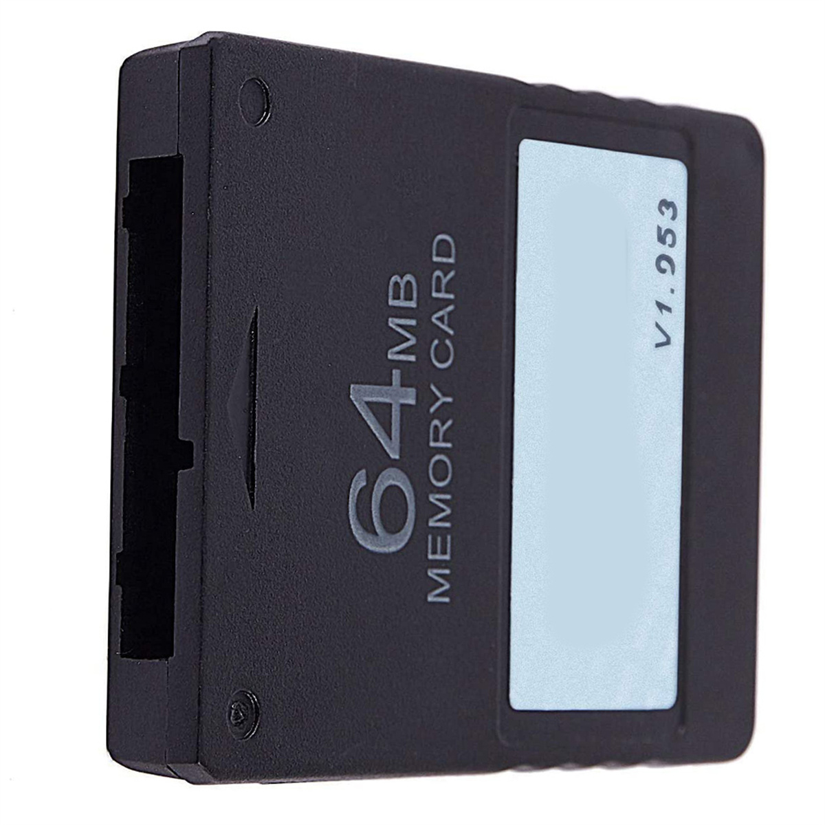 Schwarze 64MB Speicherkarte, Seitenansicht. Text auf der Karte.
