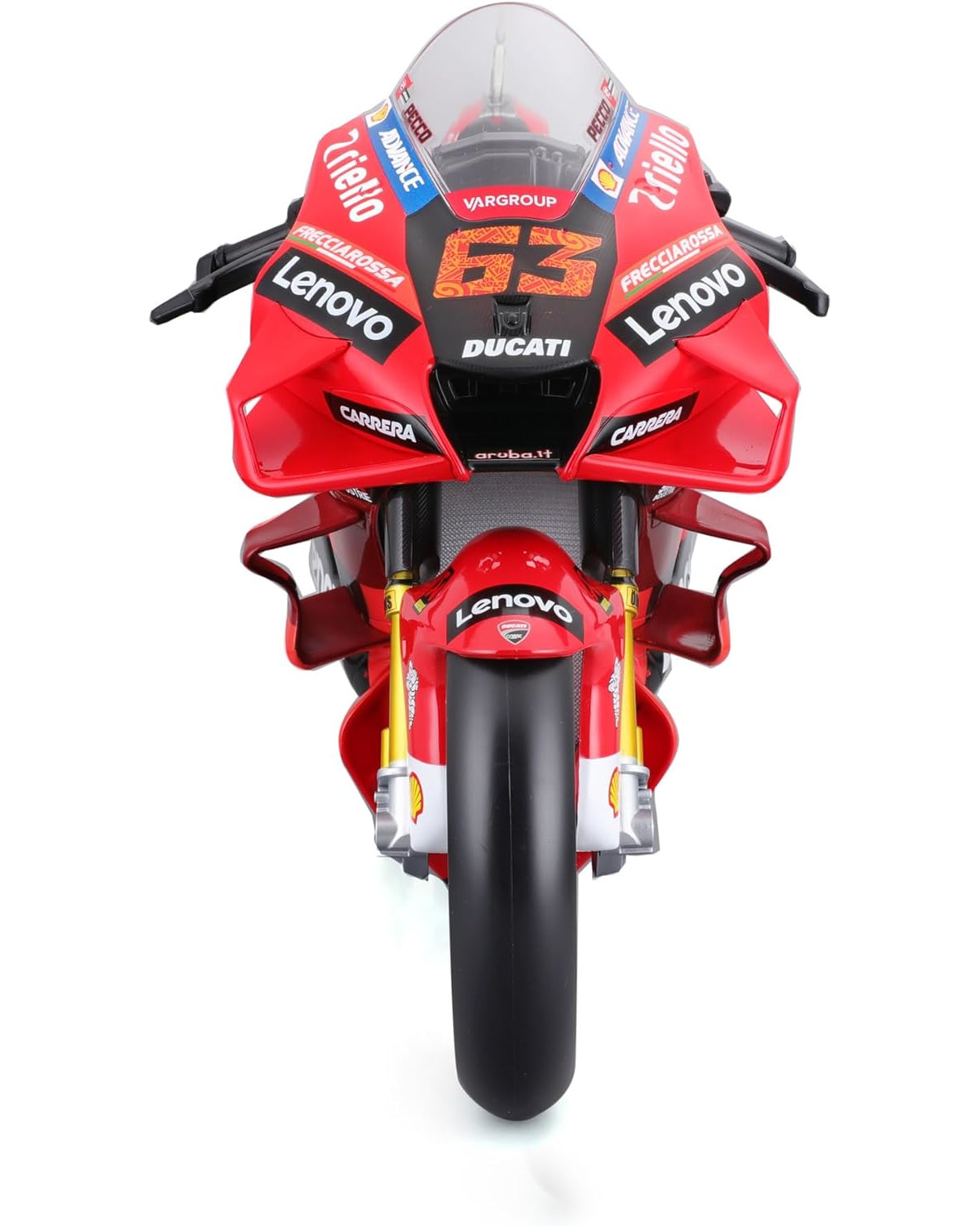 Rotes und weißes Ducati-Motorrad auf weißem Hintergrund, Vorderansicht.