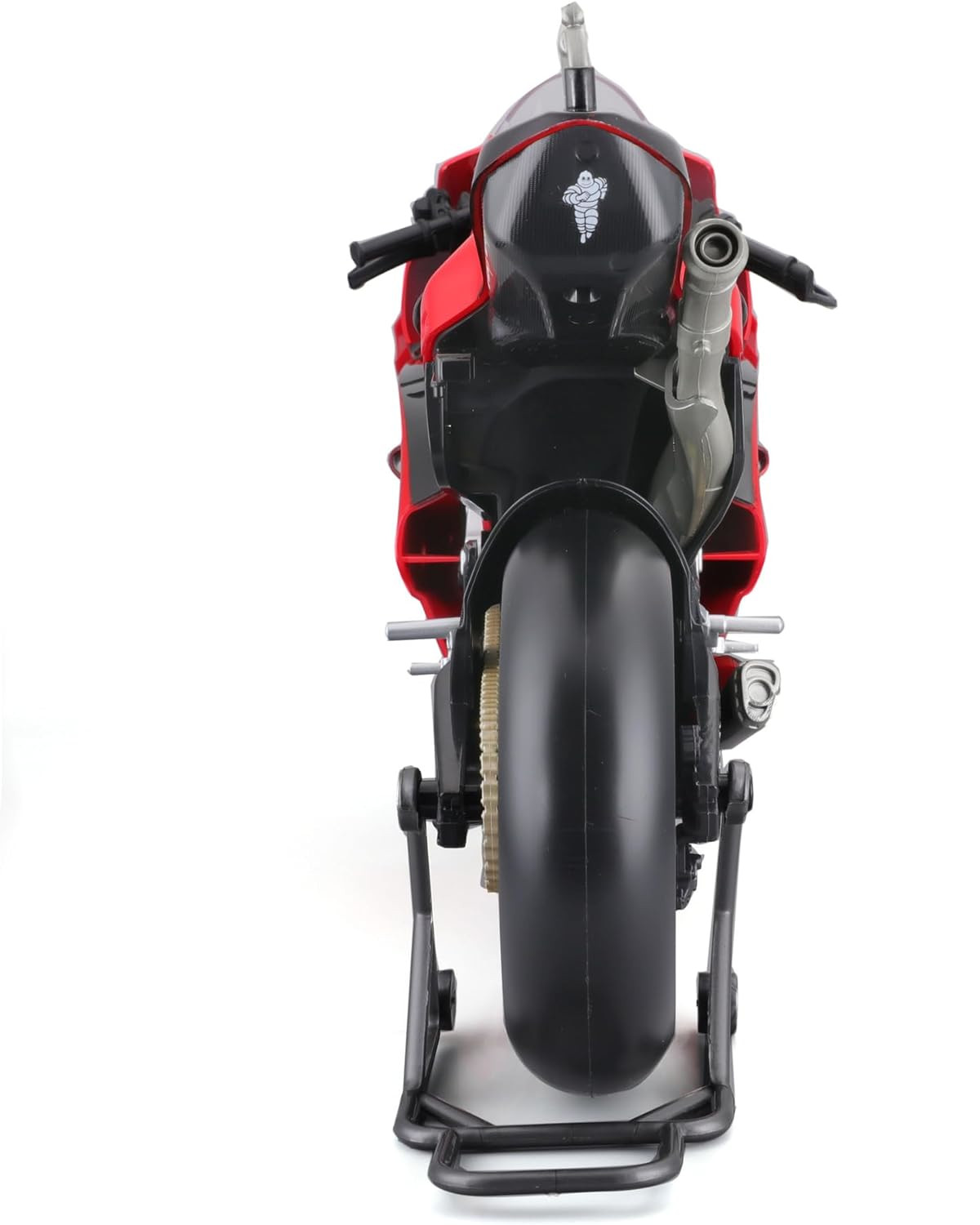Ein rot-schwarzes Spielzeugmotorrad auf einem Ständer, von hinten betrachtet.