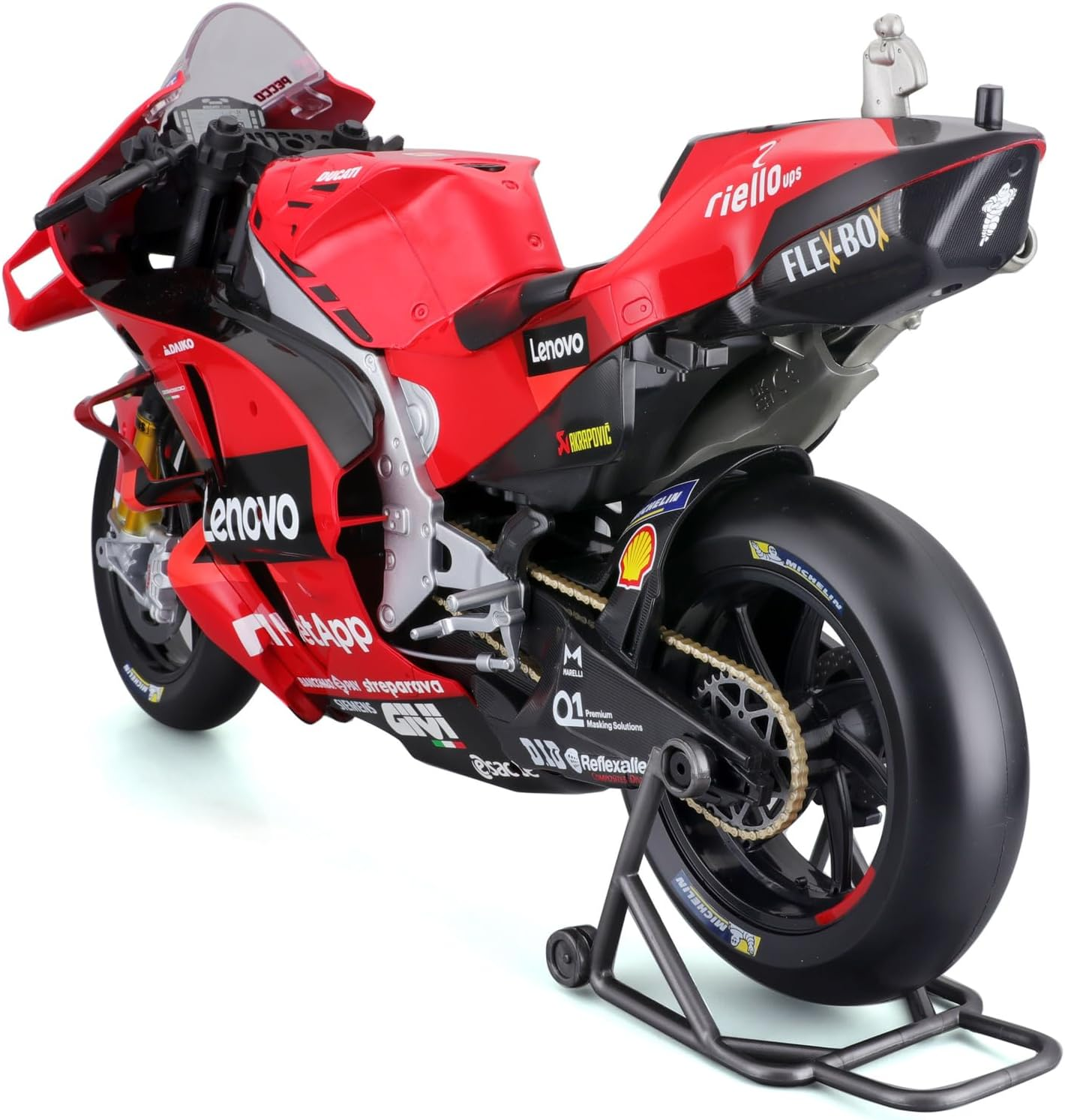 Rotes und schwarzes Ducati-Motorrad auf einem Ständer. Rückansicht, mit Sponsorenlogos.
