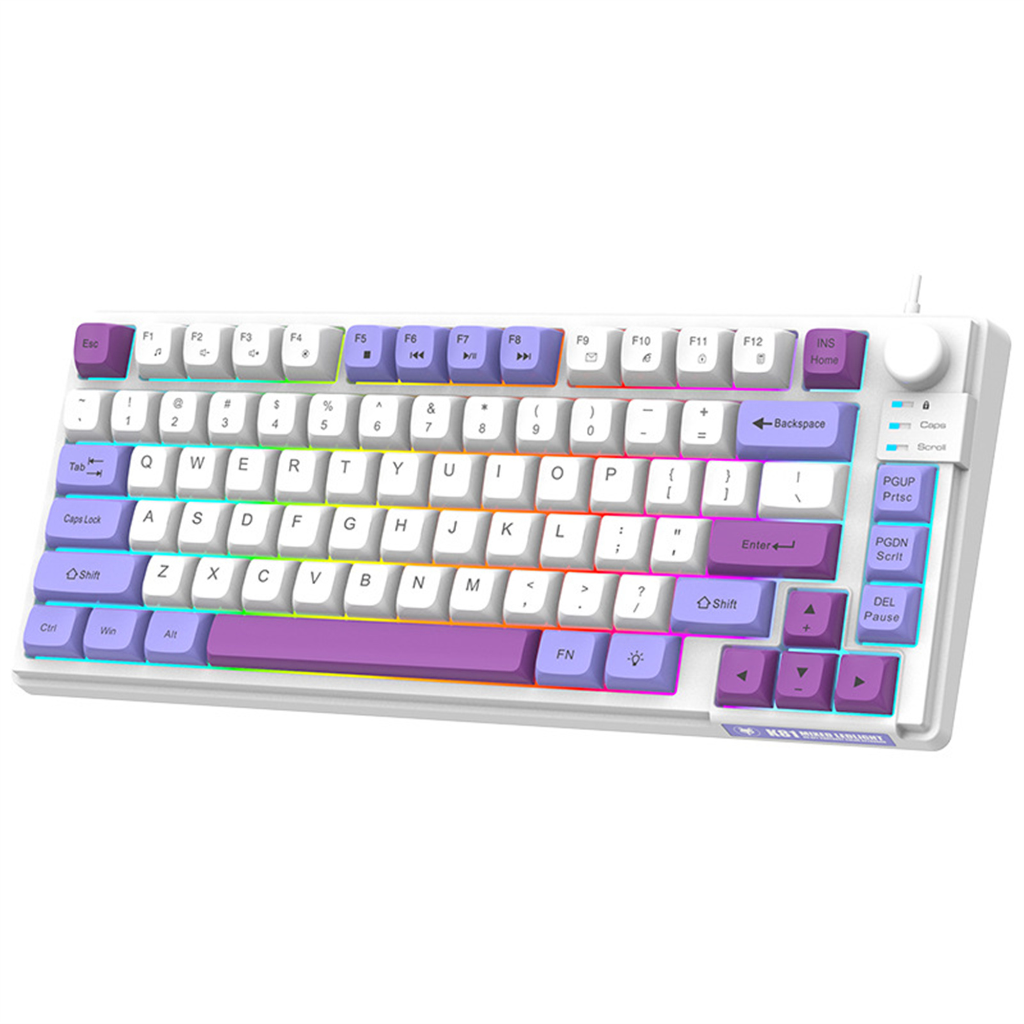Weiße mechanische Tastatur mit lila und weißen Tasten und RGB-Beleuchtung. Hat ein Scrollrad.