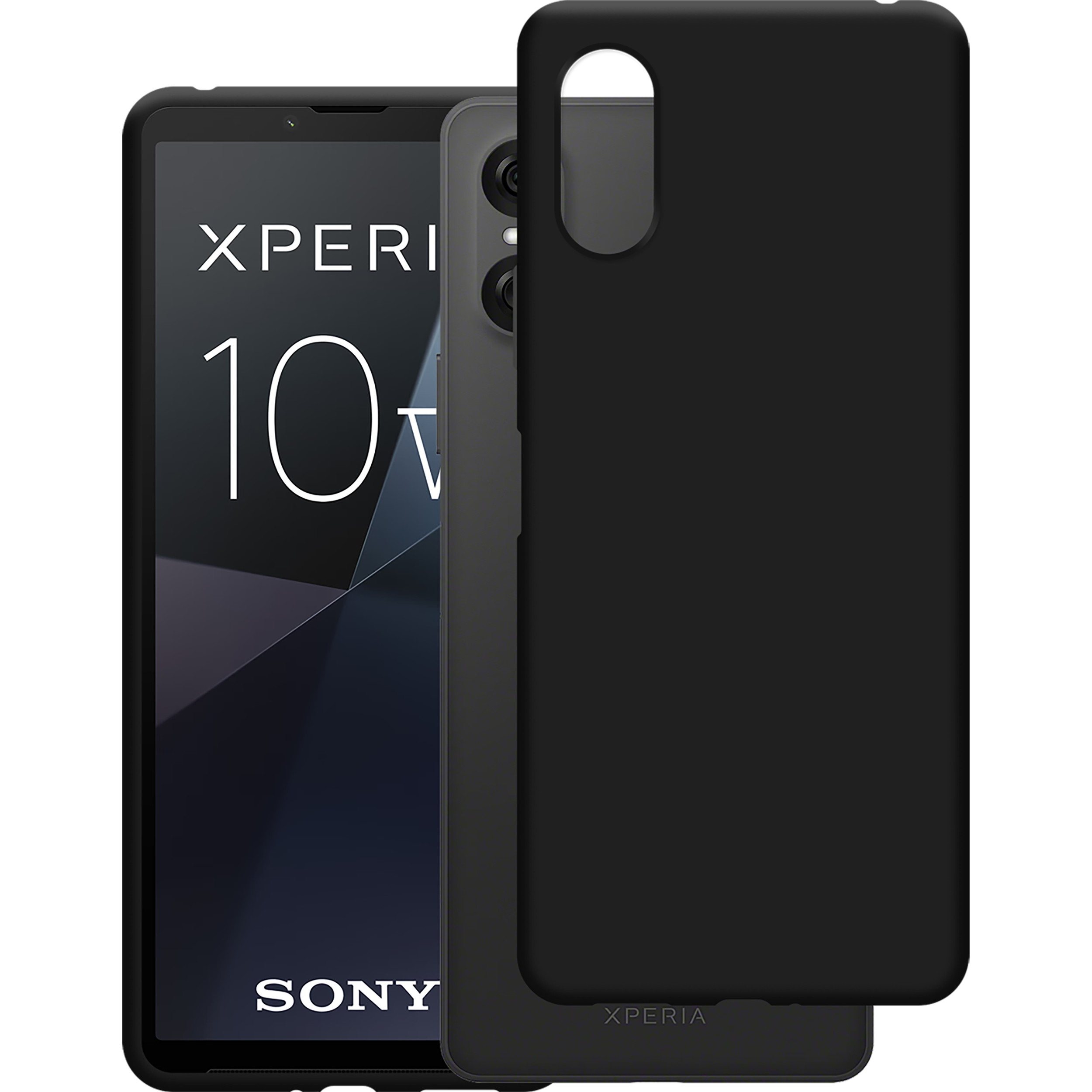 Ein schwarzes Sony Xperia-Telefon, eine Hülle und eine Abdeckung. Das Telefon zeigt das Xperia 10 IV-Logo.