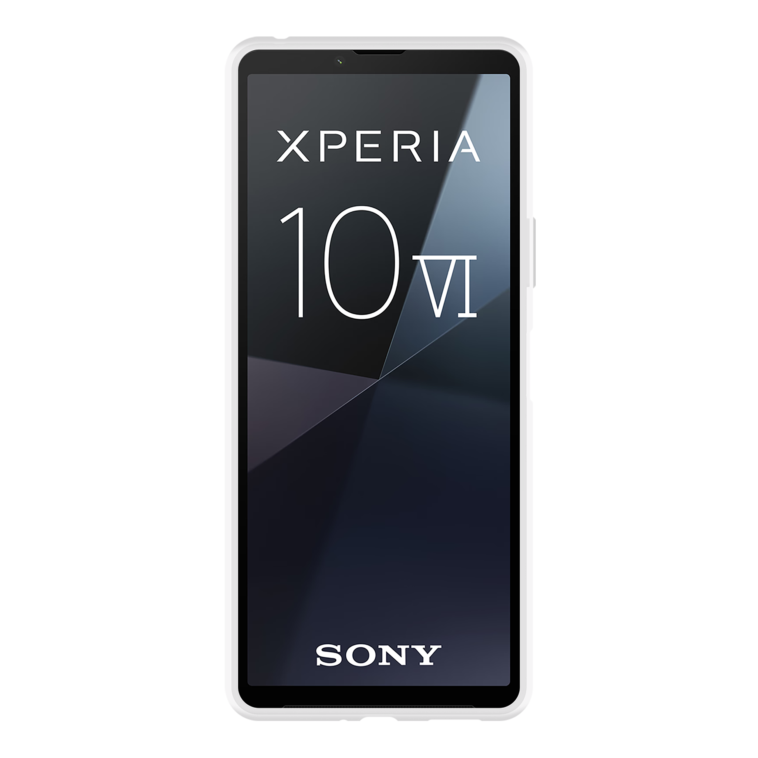 Schwarzes Smartphone mit weißem Rahmen, Bildschirm zeigt "XPERIA 10 VI" und Sony-Logo.