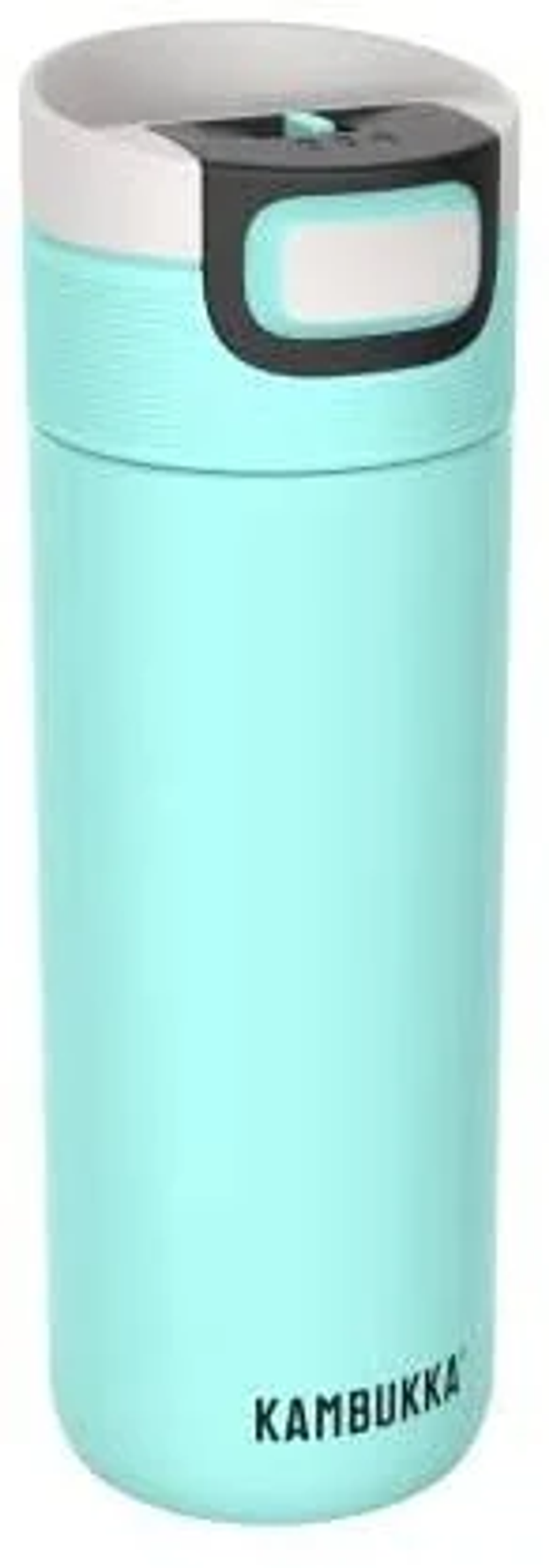 Aqua-Reiseflasche mit weißem Deckel und schwarzen Details. Kambukka-Logo.