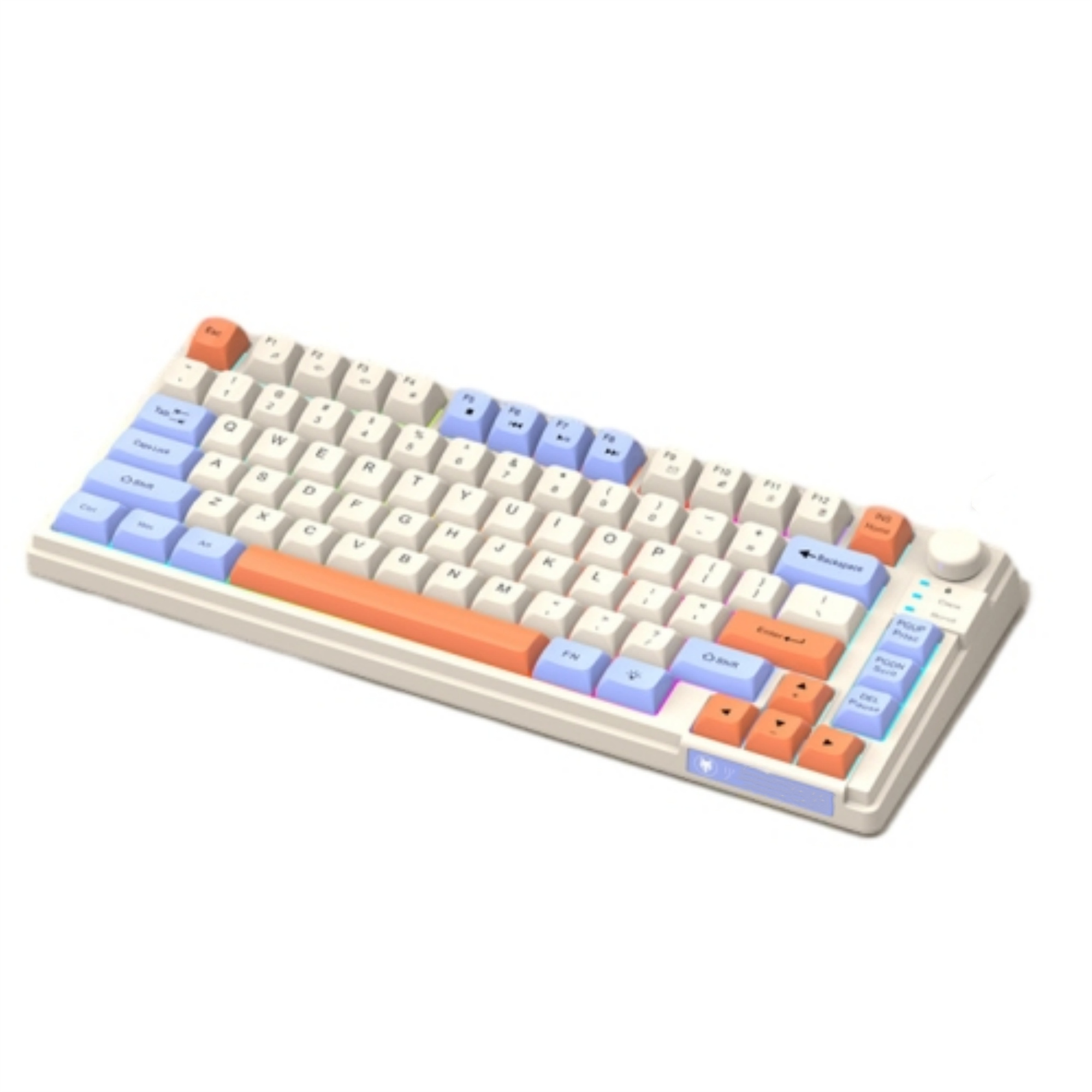 Eine cremefarbene mechanische Tastatur mit verschiedenfarbigen Tastenkappen, auf weißem Hintergrund.