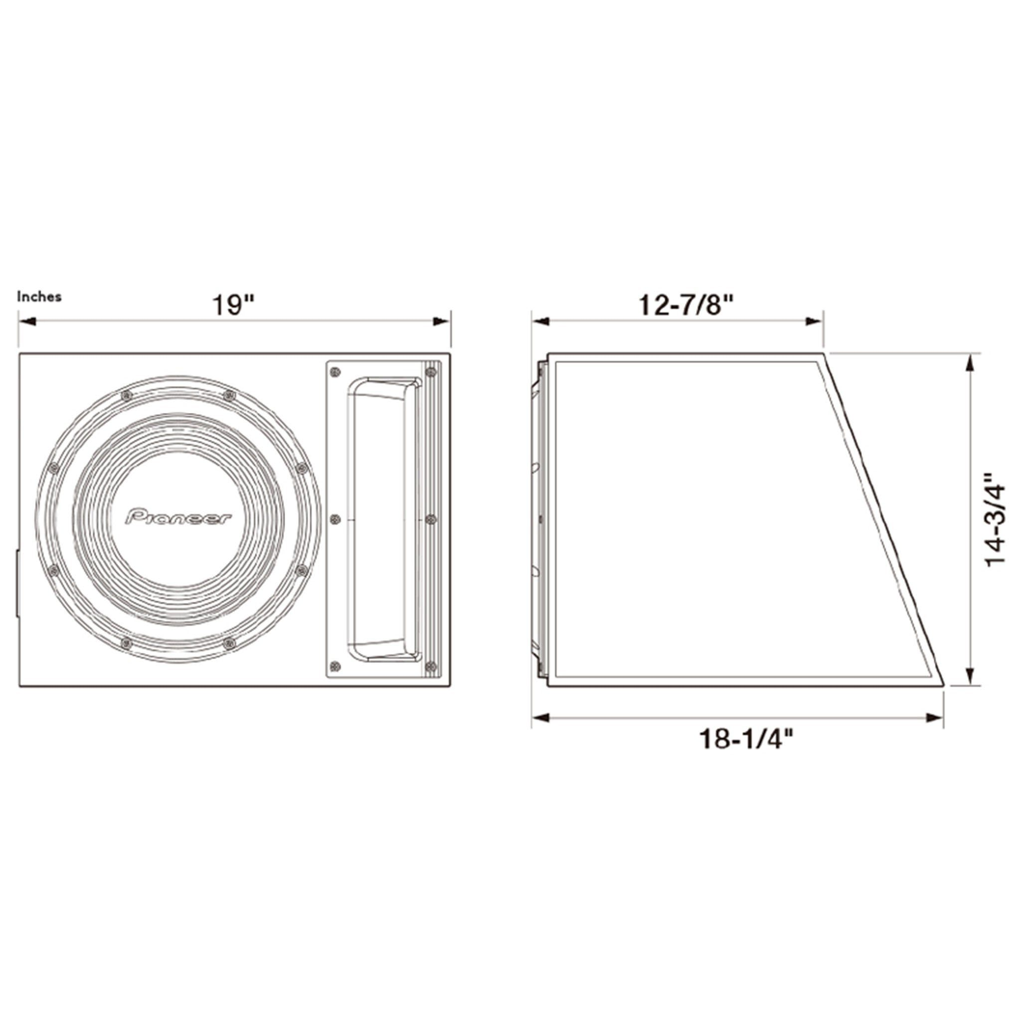 Diagramm eines Pioneer-Subwoofers mit Abmessungen in Zoll.