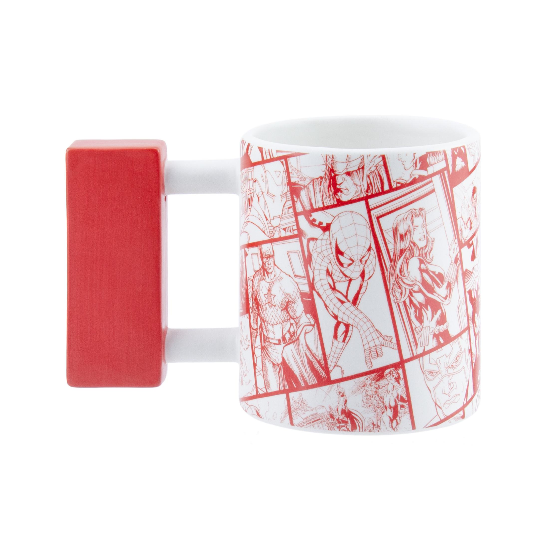 Eine Marvel-Comic-Tasse mit rotem Griff.