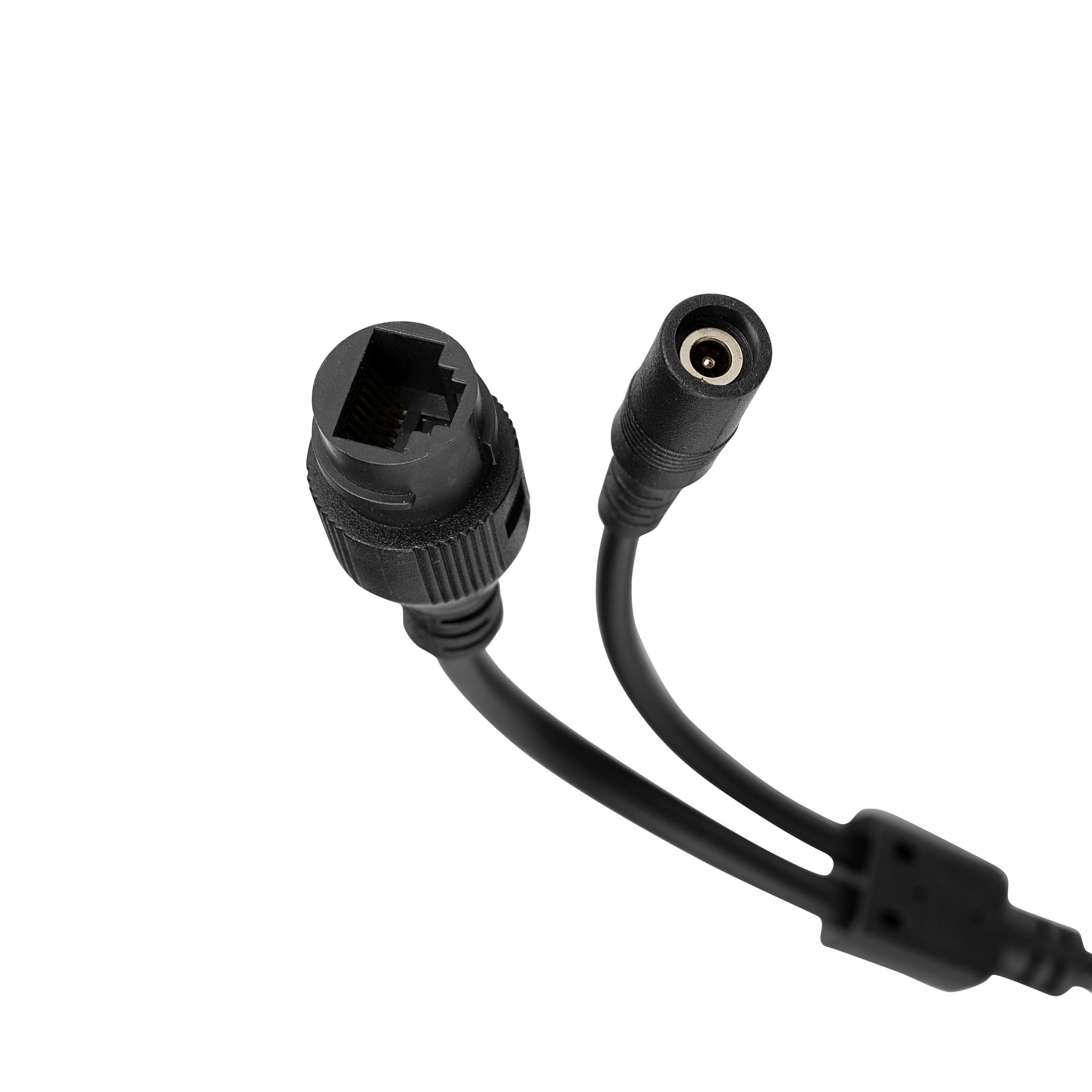 Zwei schwarze Kabel mit Anschlüssen. Eines ist ein Ethernet-Anschluss, das andere ein Stromanschluss.