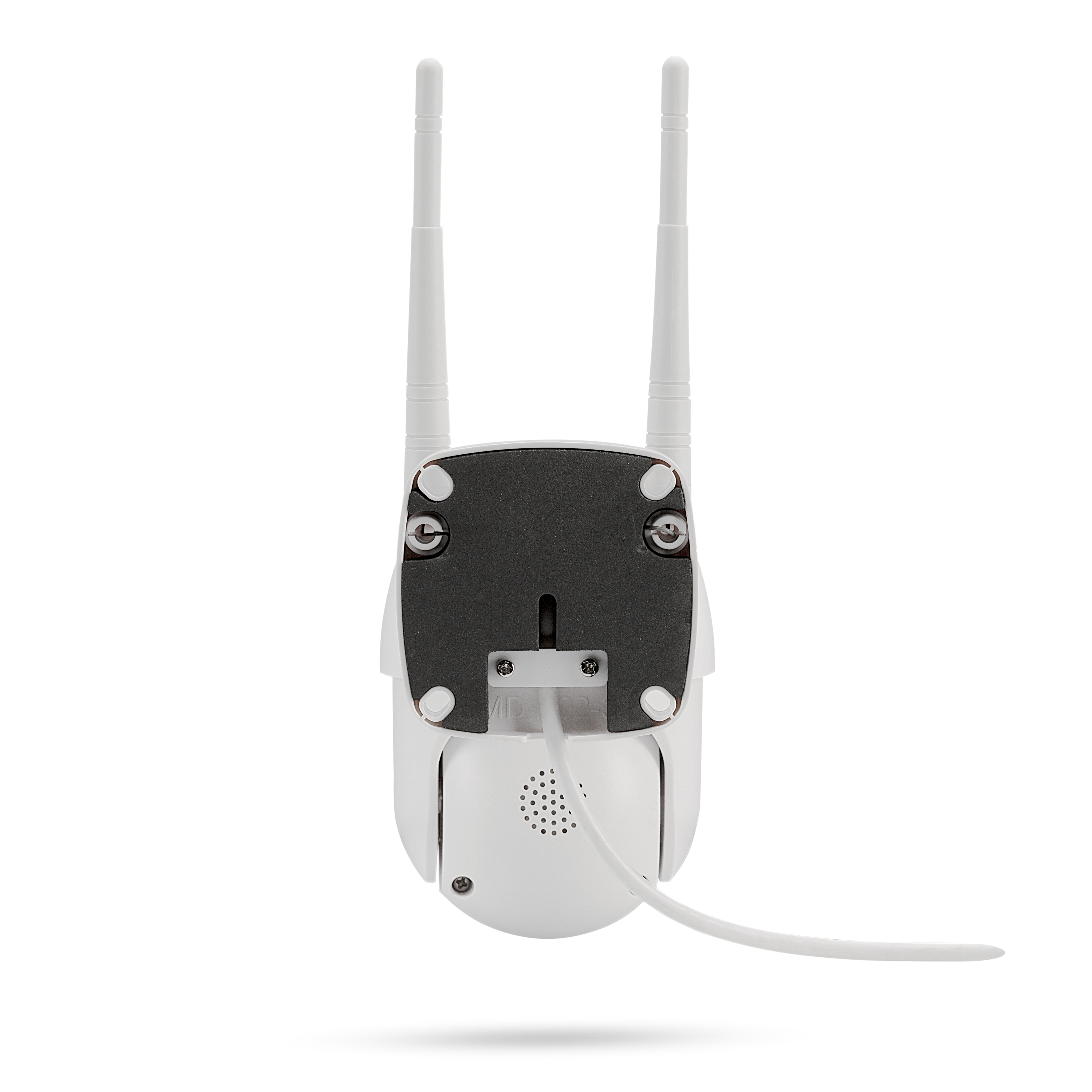 Weiße Überwachungskamera mit zwei Antennen, Rückansicht, mit Kabel.