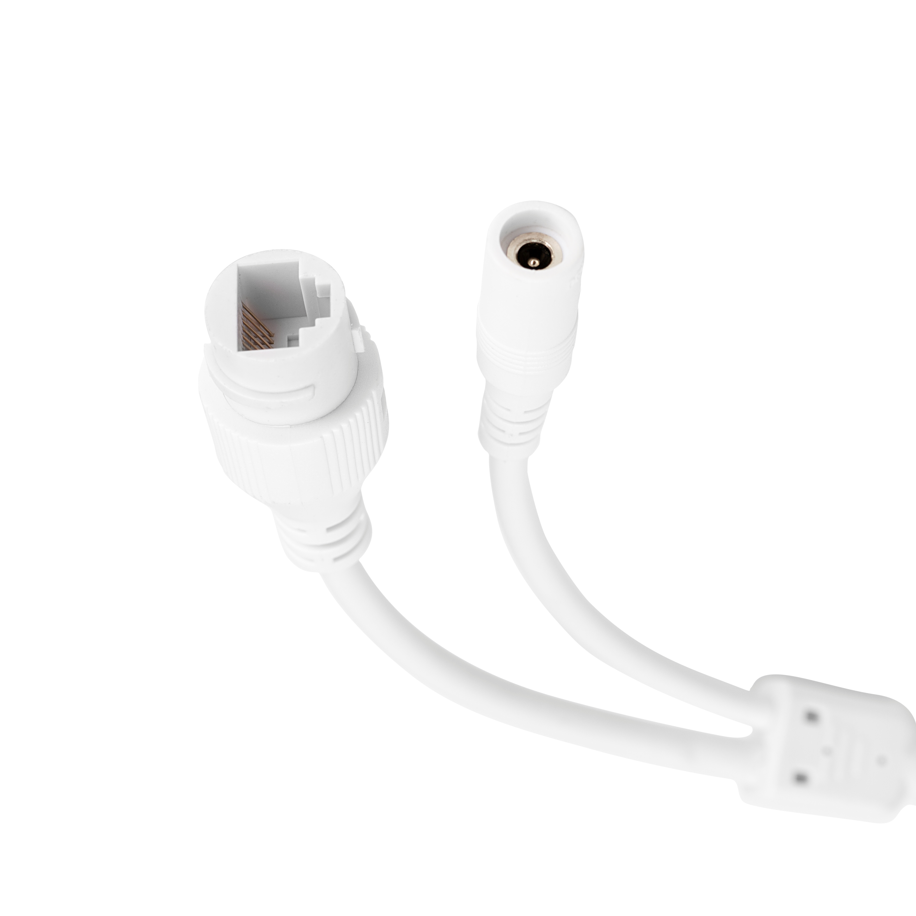 Zwei weiße Anschlüsse mit einem weißen Kabel. Einer ist ein RJ45 und der andere ein DC-Stromanschluss.