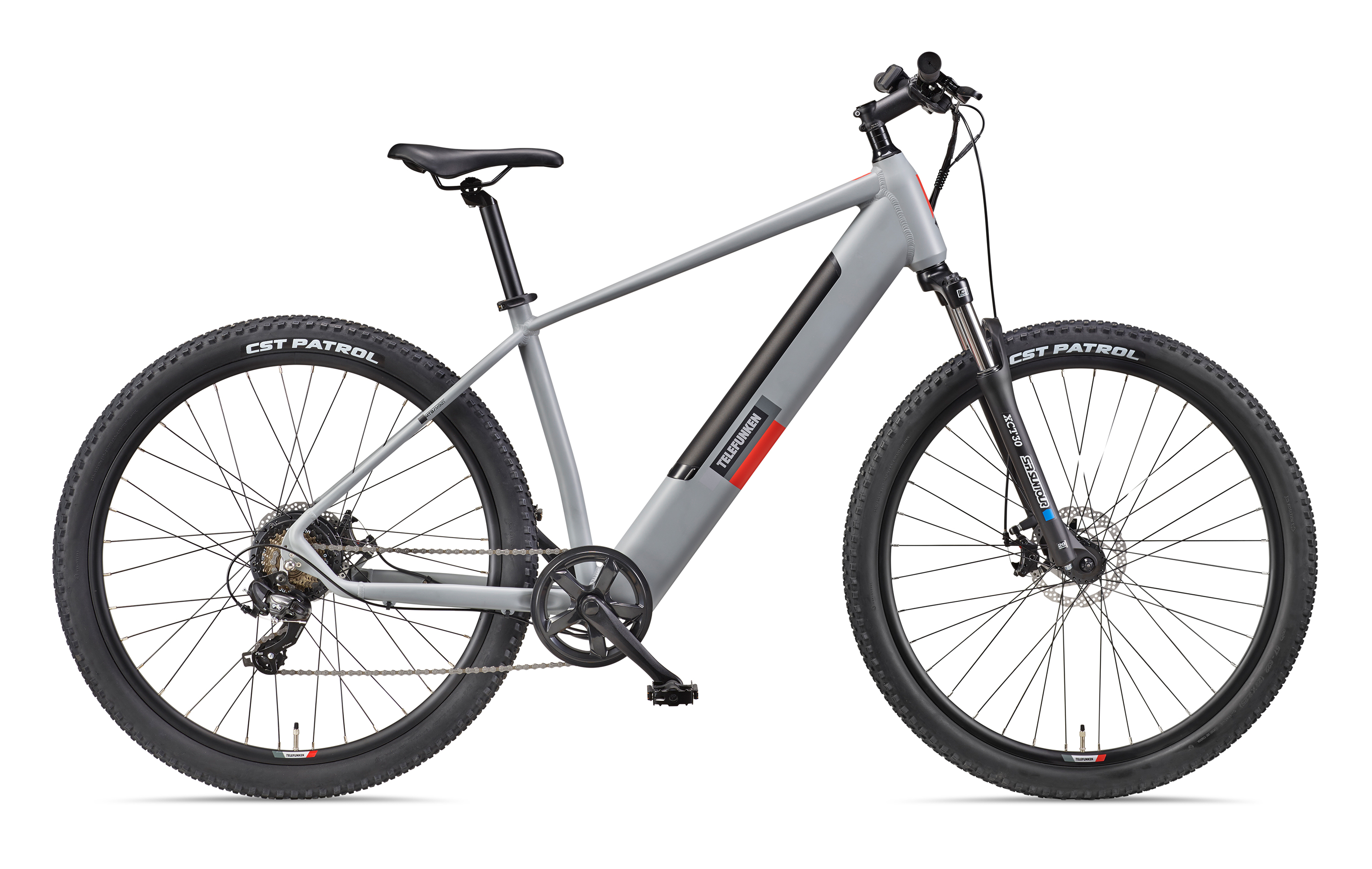 Ein graues Elektrofahrrad, von der Seite betrachtet, mit schwarzen Reifen und weißem Hintergrund.