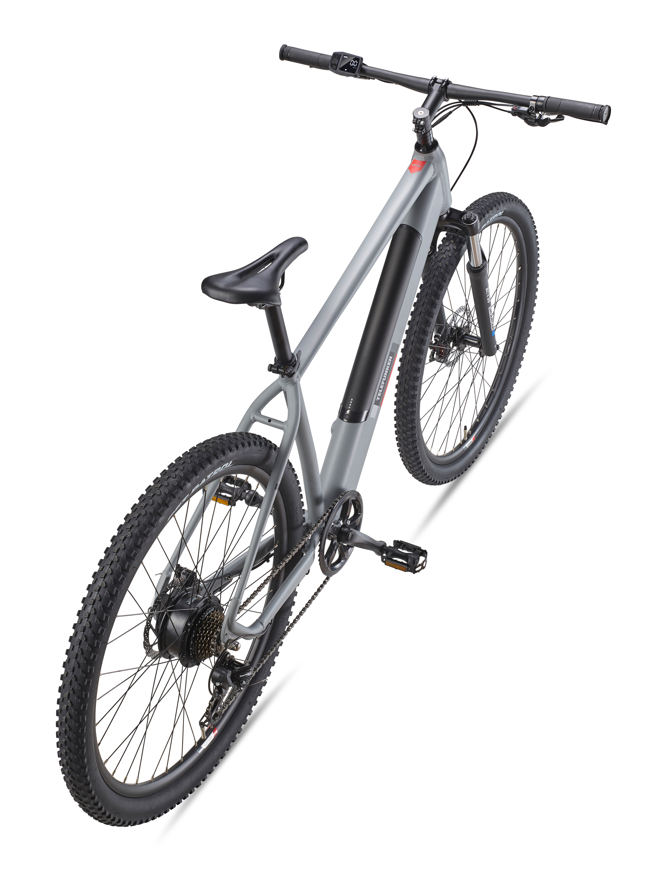Graues Elektrofahrrad aus der Vogelperspektive, weißer Hintergrund.
