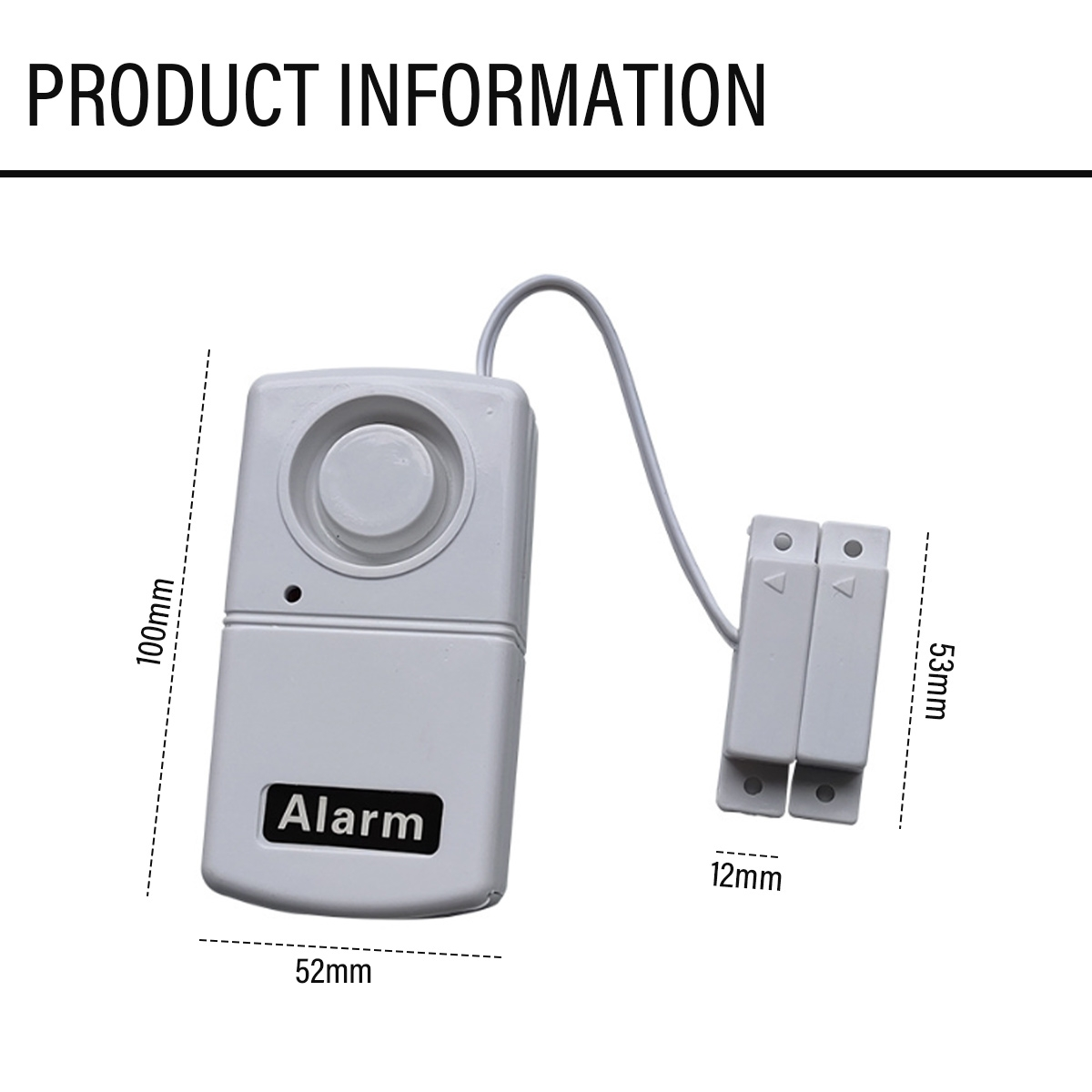 Ein weißer Alarm mit schwarzem 'Alarm'-Etikett und Maßangaben werden angezeigt.