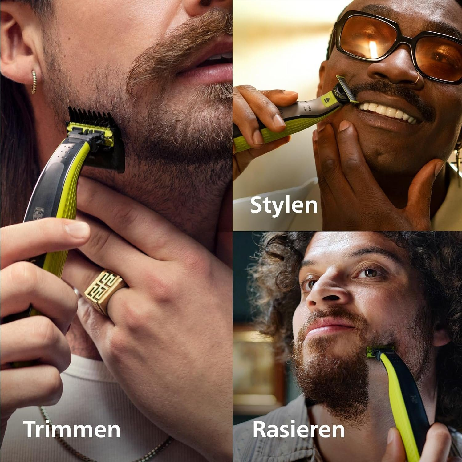 Männer rasieren, trimmen und stylen Bärte mit elektrischen Trimmern.