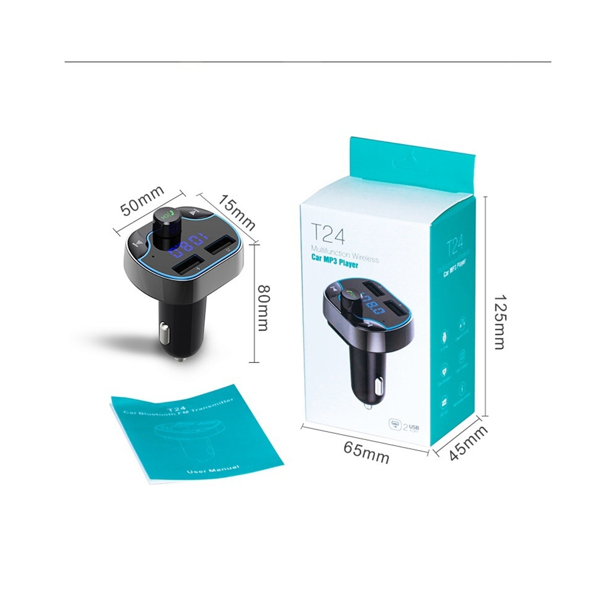 Auto-MP3-Player mit Bildschirm, Knöpfen und USB-Anschluss, zusammen mit einer Box und einem Handbuch.