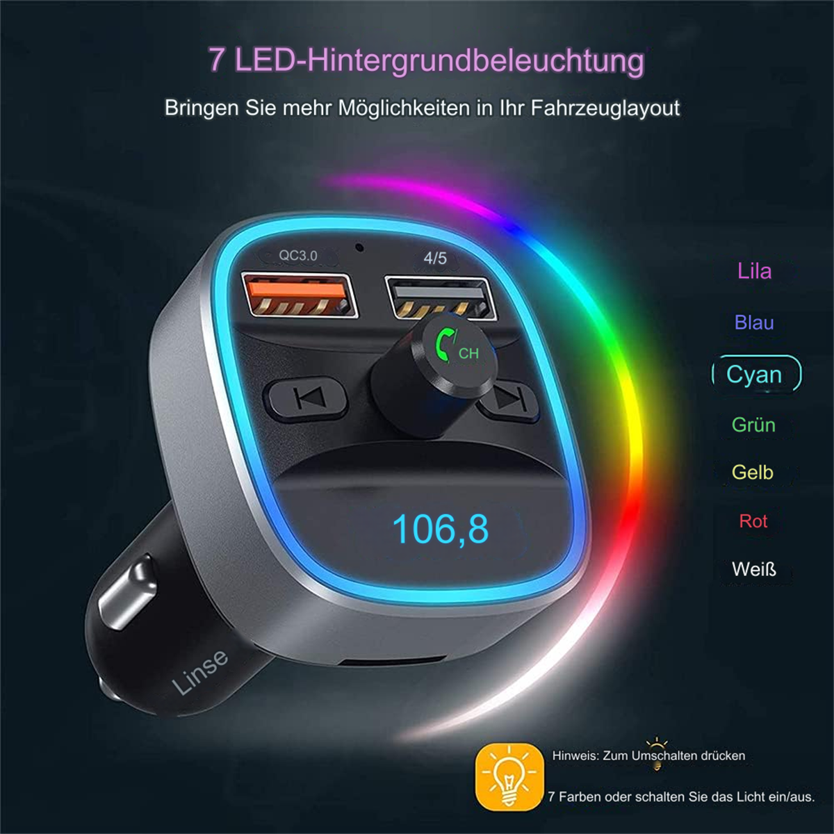 Ein USB-Autoladegerät mit Digitalanzeige und farbwechselnden LED-Leuchten darum herum.