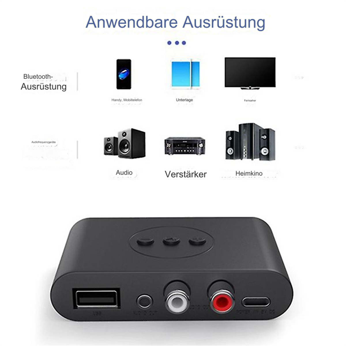 Schwarzes Bluetooth-Gerät mit USB-Anschluss und verschiedenen Eingangsanschlüssen, mit Symbolen.
