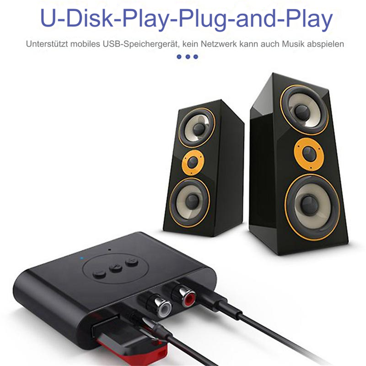 Schwarzes Audiogerät mit Lautsprechern, USB- und Cinch-Kabeln.
