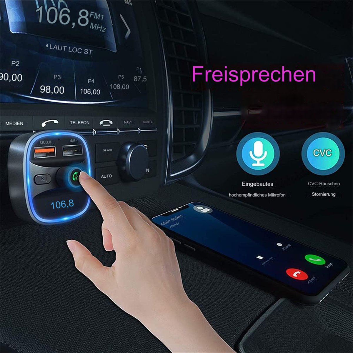 Eine Freisprecheinrichtung im Auto mit einem Telefon, das einen Anrufbildschirm zeigt. Das Wort 'Freisprechen' steht oben.