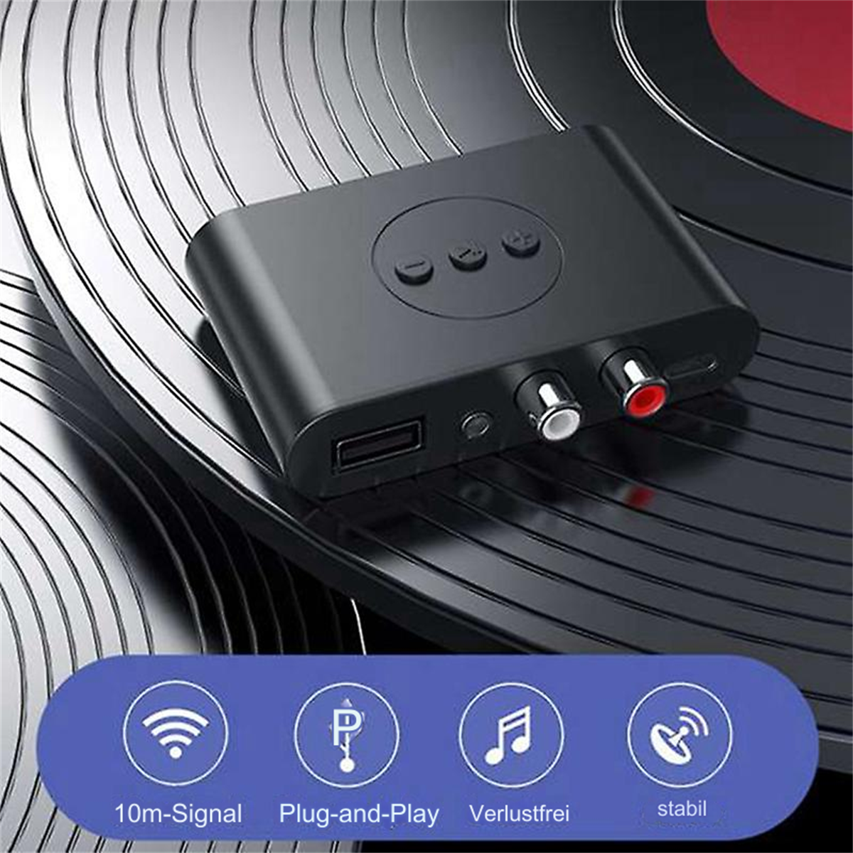 Schwarzer Bluetooth-Empfänger. USB, Audioanschlüsse, drei Tasten. Icons für WiFi, Plug & Play, verlustfrei, stabil.