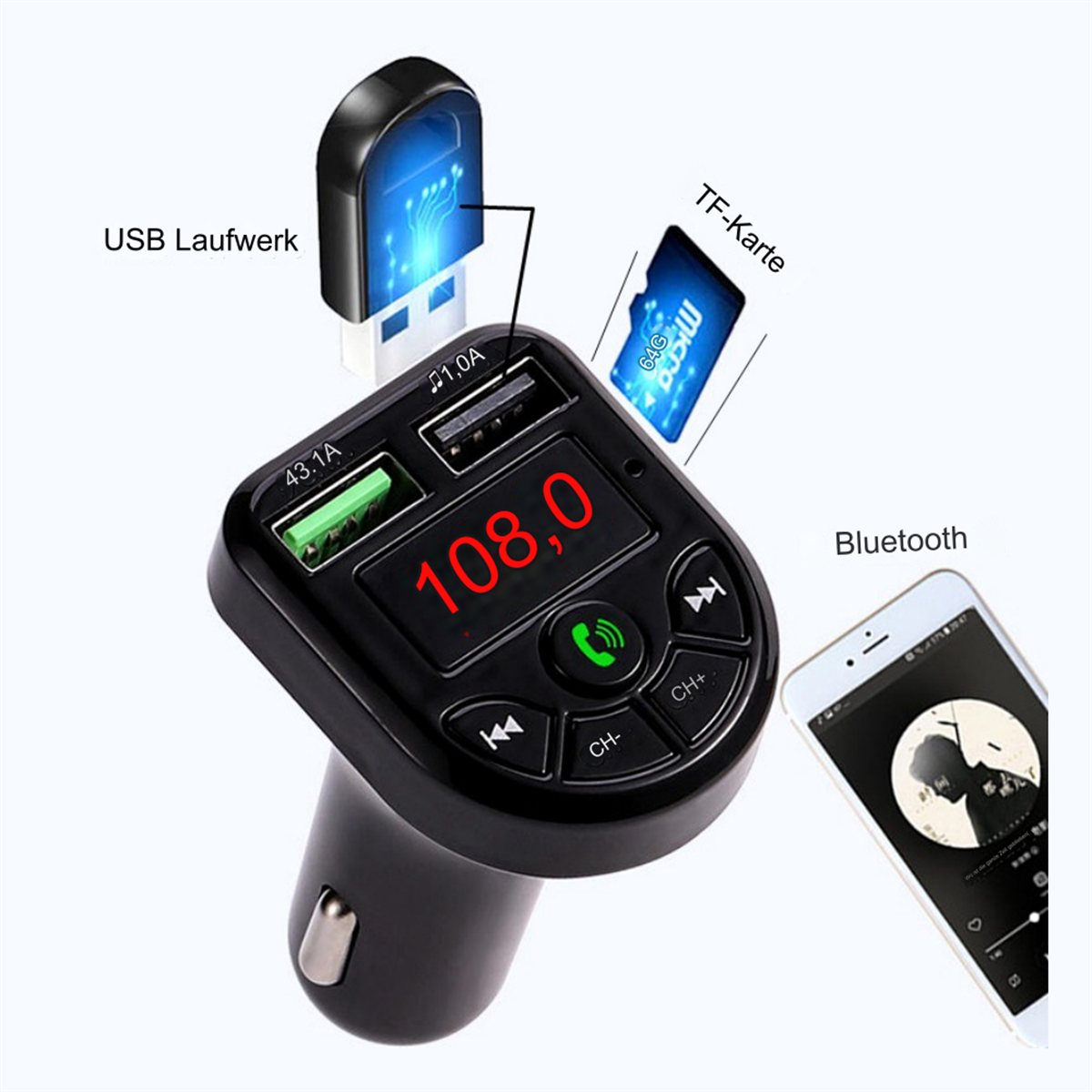 Autoladegerät mit Display, USB-Laufwerk, TF-Karte und Bluetooth-Telefon. Schwarze und grüne Akzente.