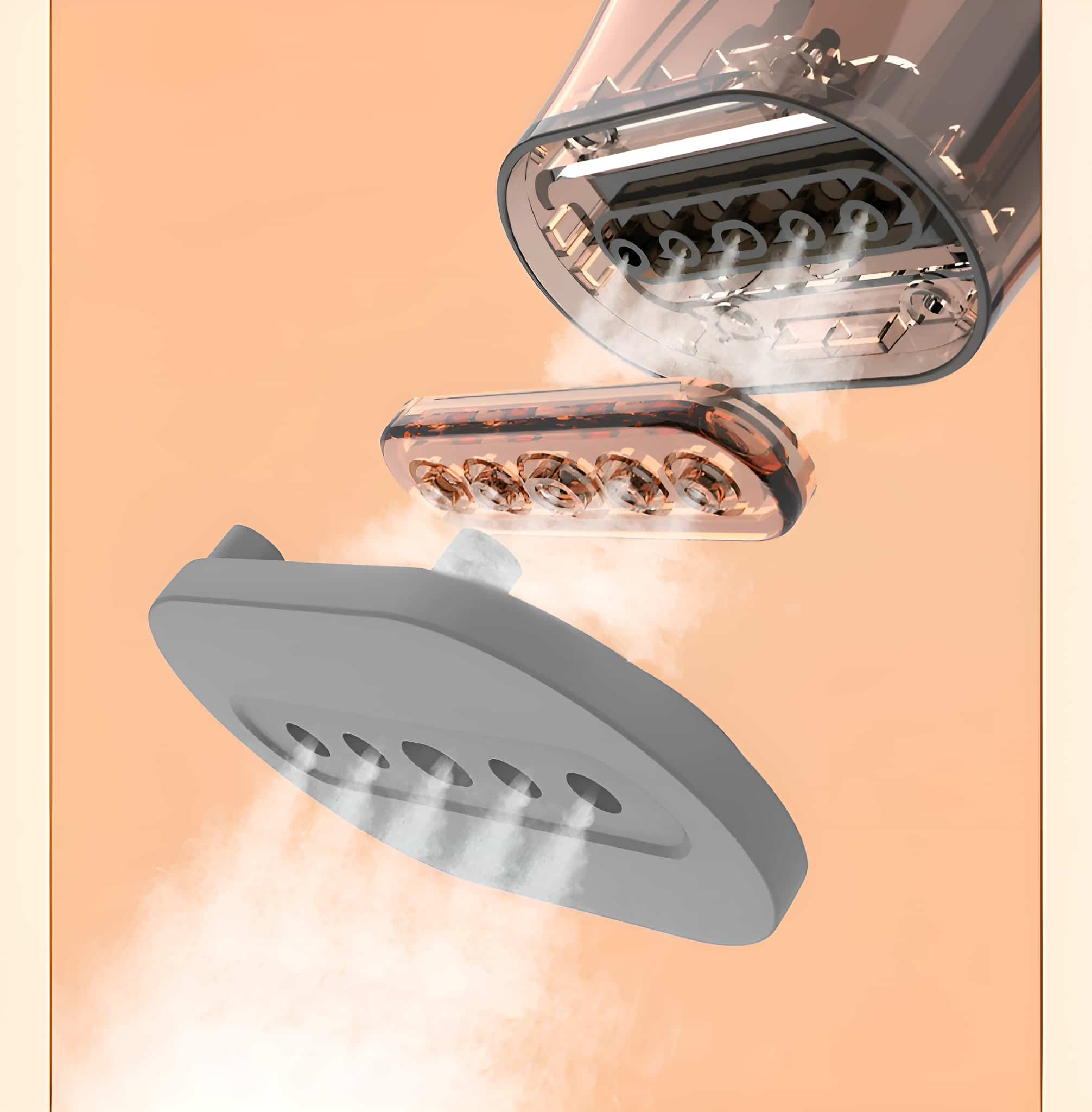 Zerlegter Dampfgarer mit Dampf. Transparente und orangefarbene Teile sind sichtbar.