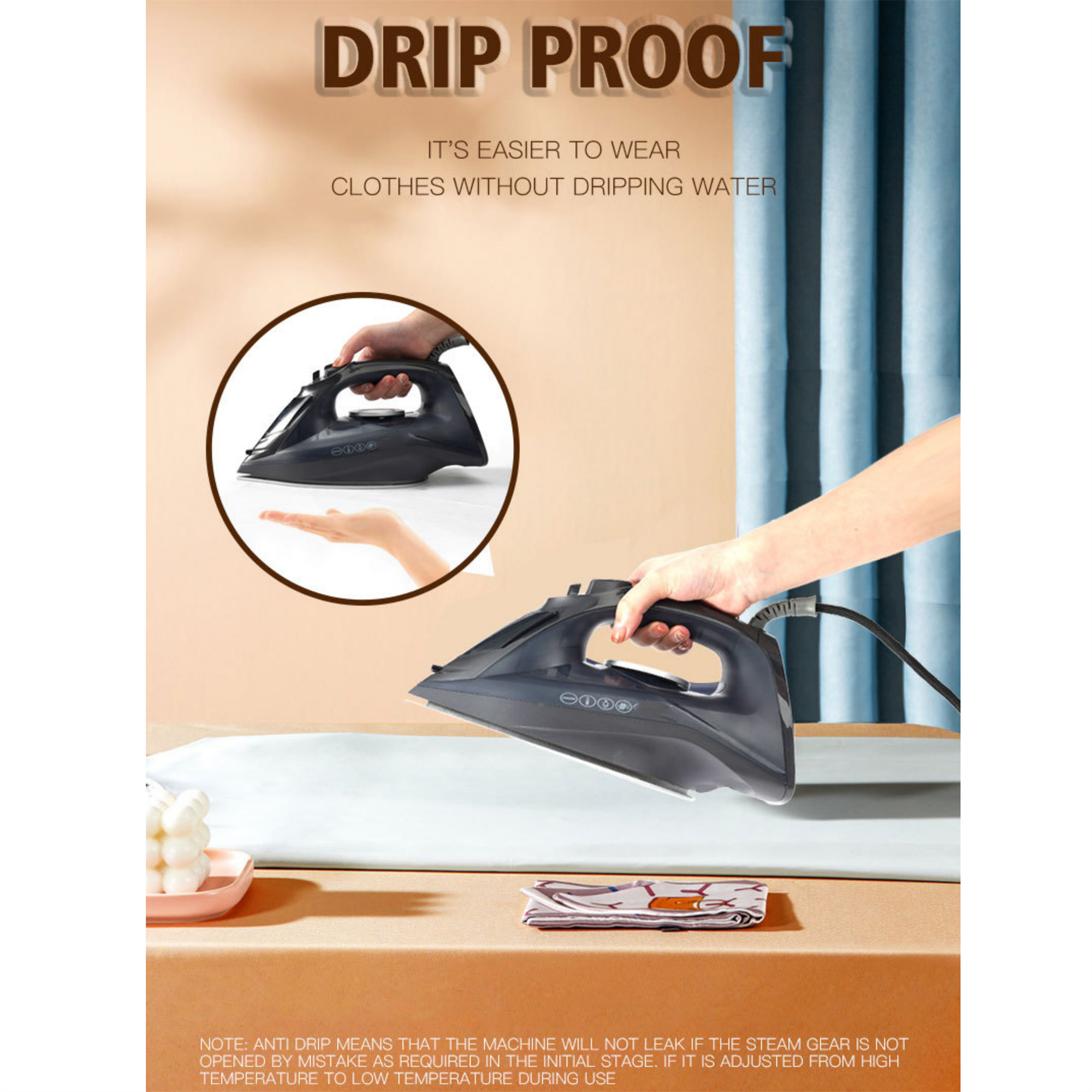 Bügeleisen in Gebrauch mit Nahaufnahme einer Hand. Bügelbrett mit Kleidung. Text: Tropffrei und Anti-Tropf Details.