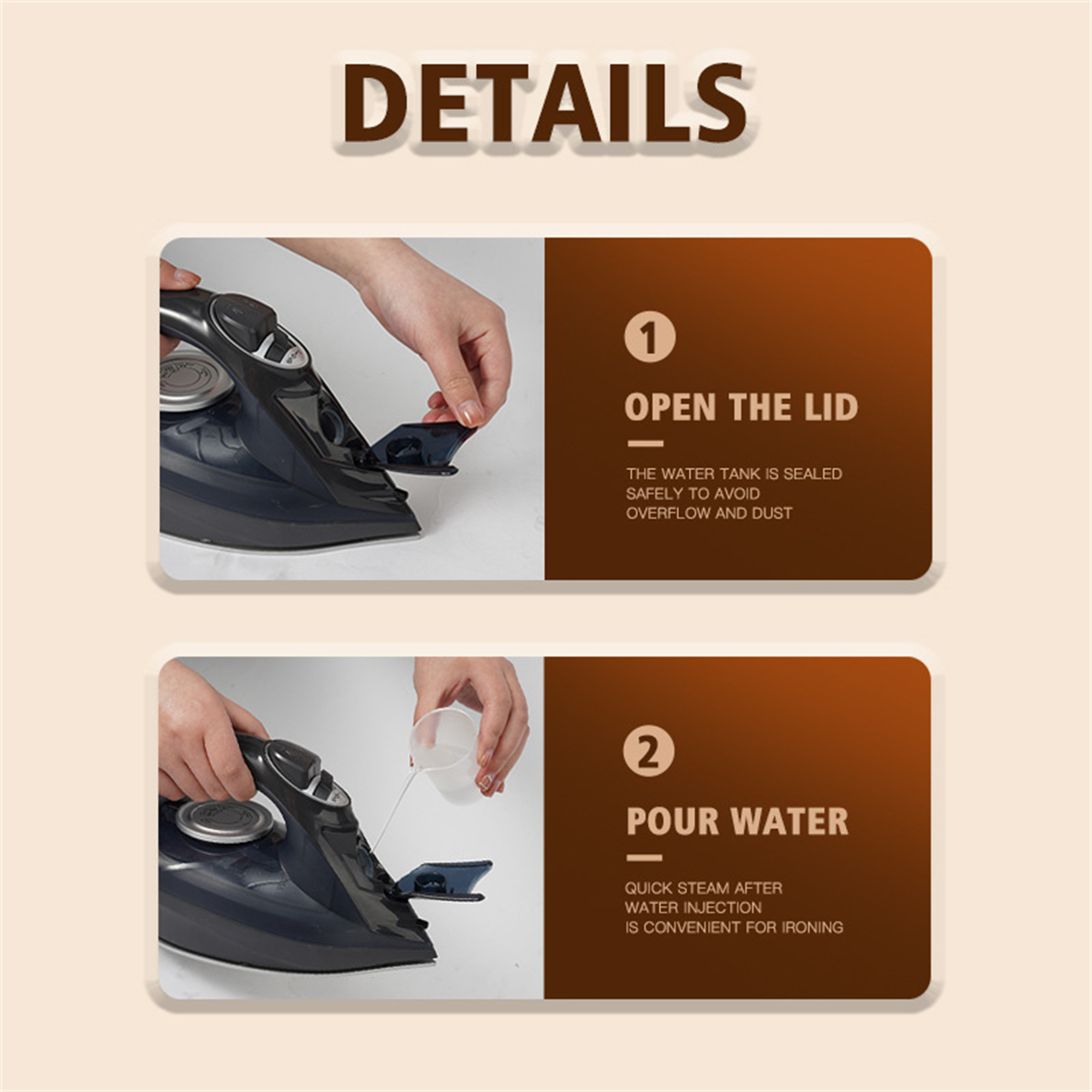 Der Deckel eines Bügeleisens wird geöffnet, um Wasser einzufüllen. Schneller Dampf nach der Wassereinspritzung ist bequem.