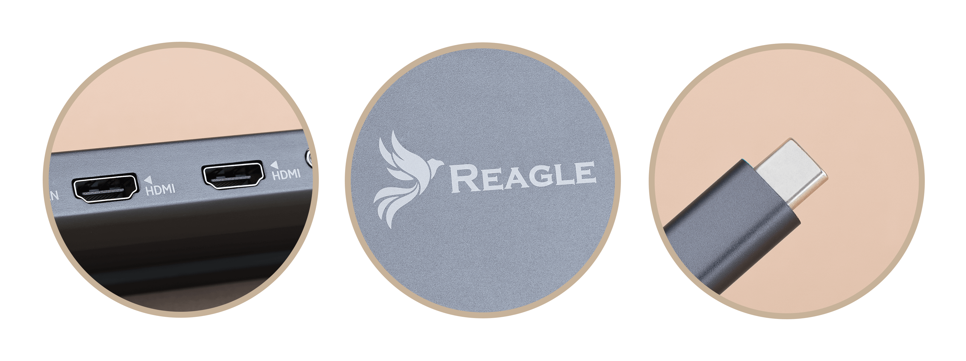 Zbliżenie portów urządzenia, w tym portów HDMI i portu USB-C.