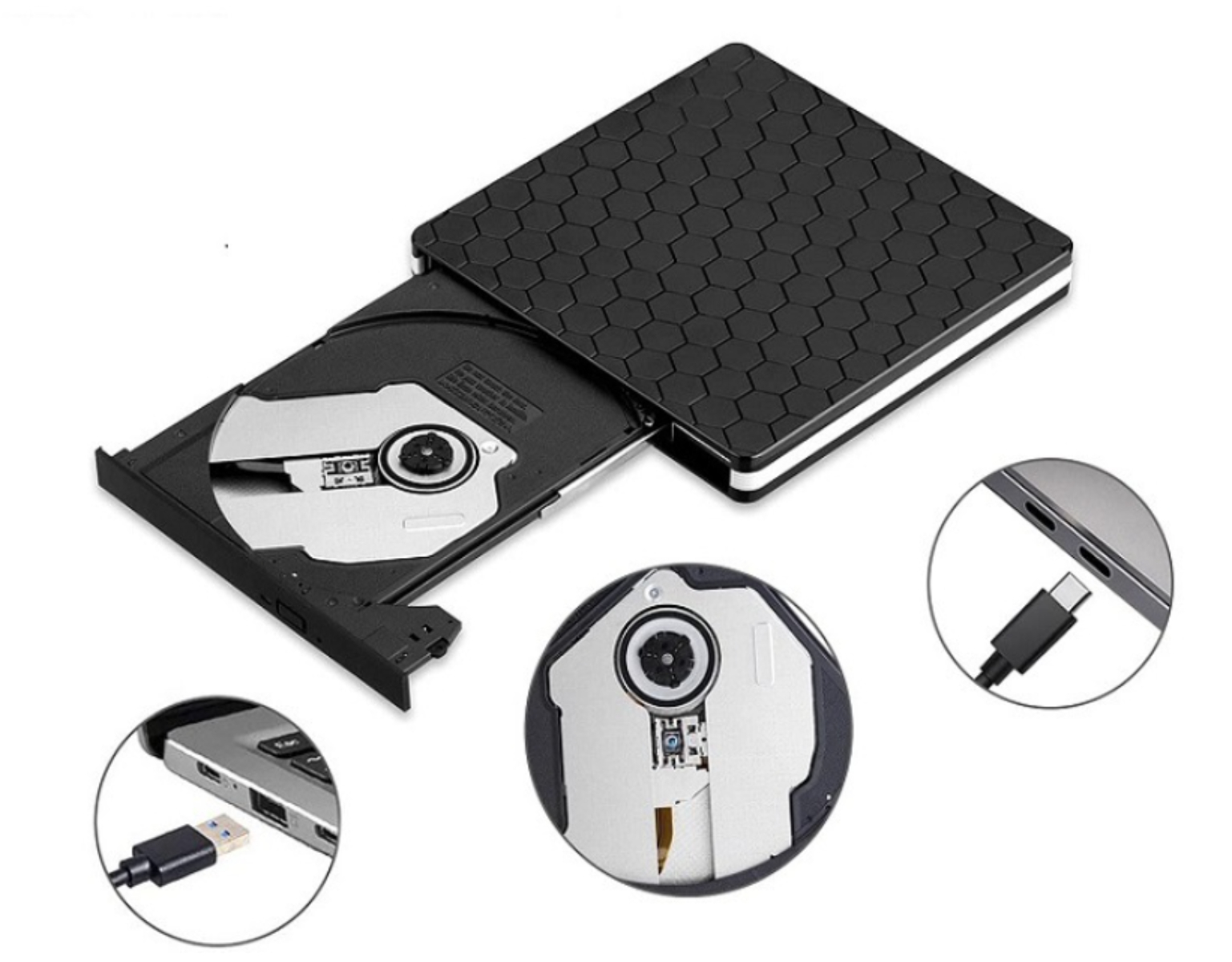 Schwarzes tragbares CD-Laufwerk mit schwarzem Wabenmuster, mit USB-Anschlüssen.