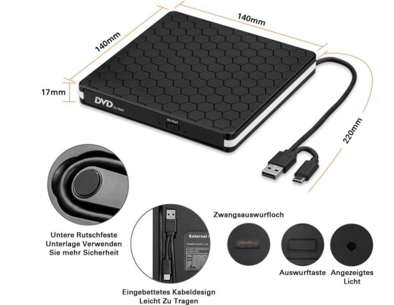 Schwarzes externes DVD-Laufwerk mit Maßen, Nahaufnahmen von Funktionen und Kabel.