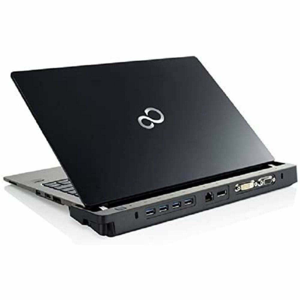 Schwarzer Laptop mit offenem Deckel, Anschlüsse sichtbar.