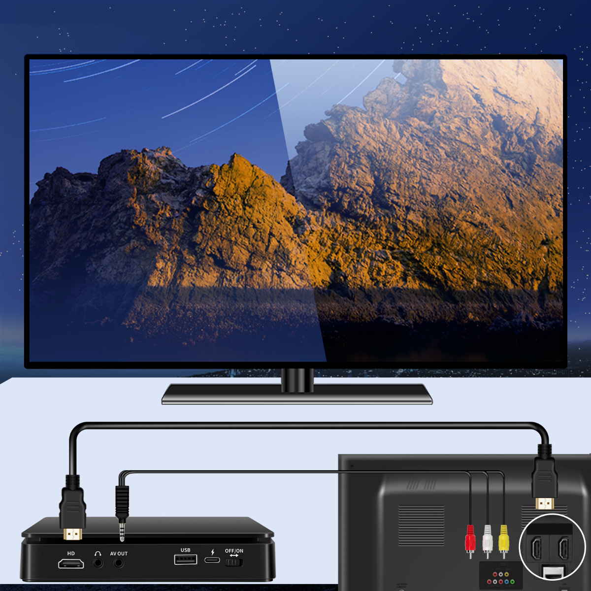 Ein Fernseher, der an eine schwarze Set-Top-Box und verschiedene Kabel angeschlossen ist. Der Fernseher zeigt ein Landschaftsbild.