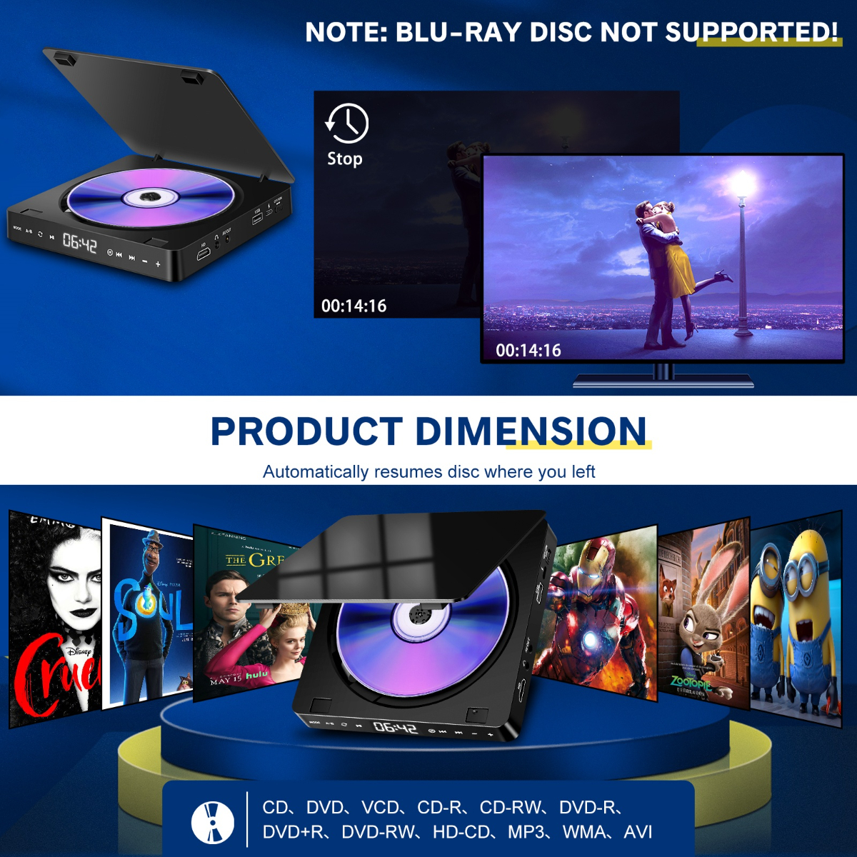 Ein schwarzer DVD-Player mit einer Disc im Inneren, einem Bildschirm und Filmbildern.