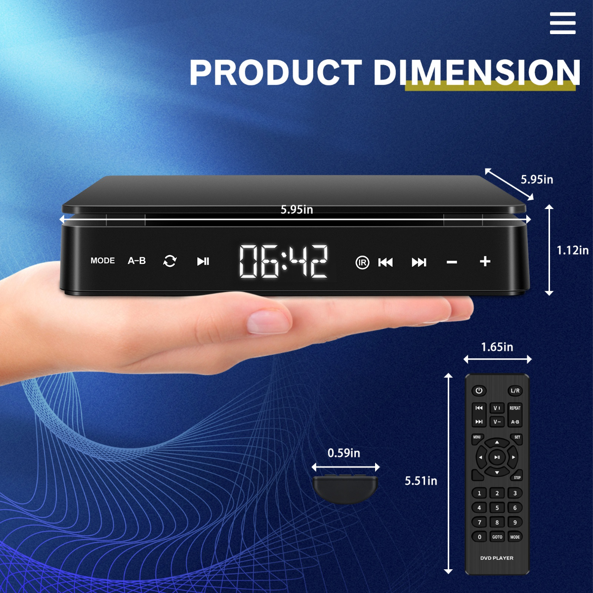 DVD-Player mit Fernbedienung und Maßen. Bildschirm zeigt 06:42, mit Mode-Taste.