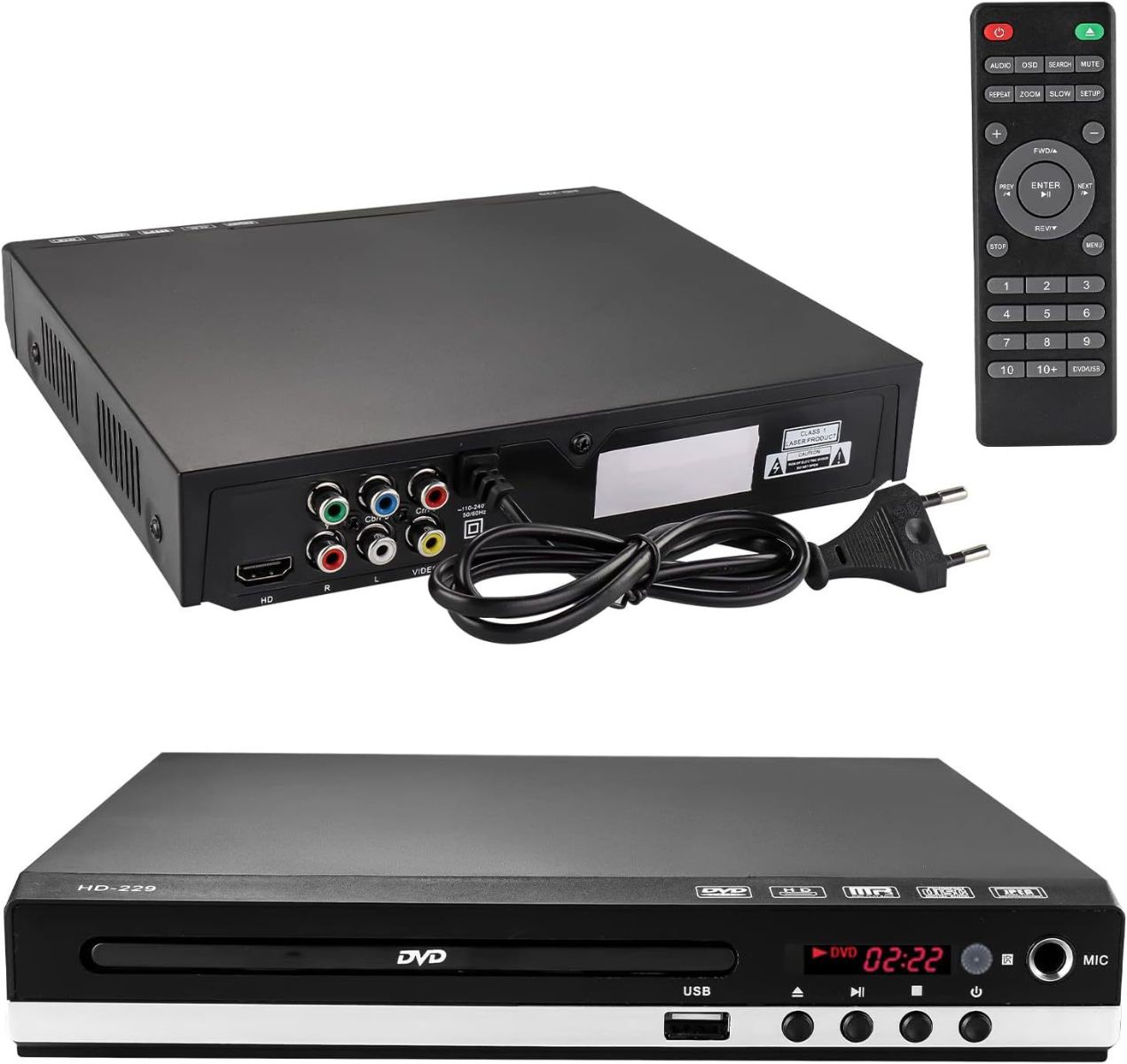 Schwarzer DVD-Player, Fernbedienung. Hat verschiedene Anschlüsse. Schwarz-Silber-Design.