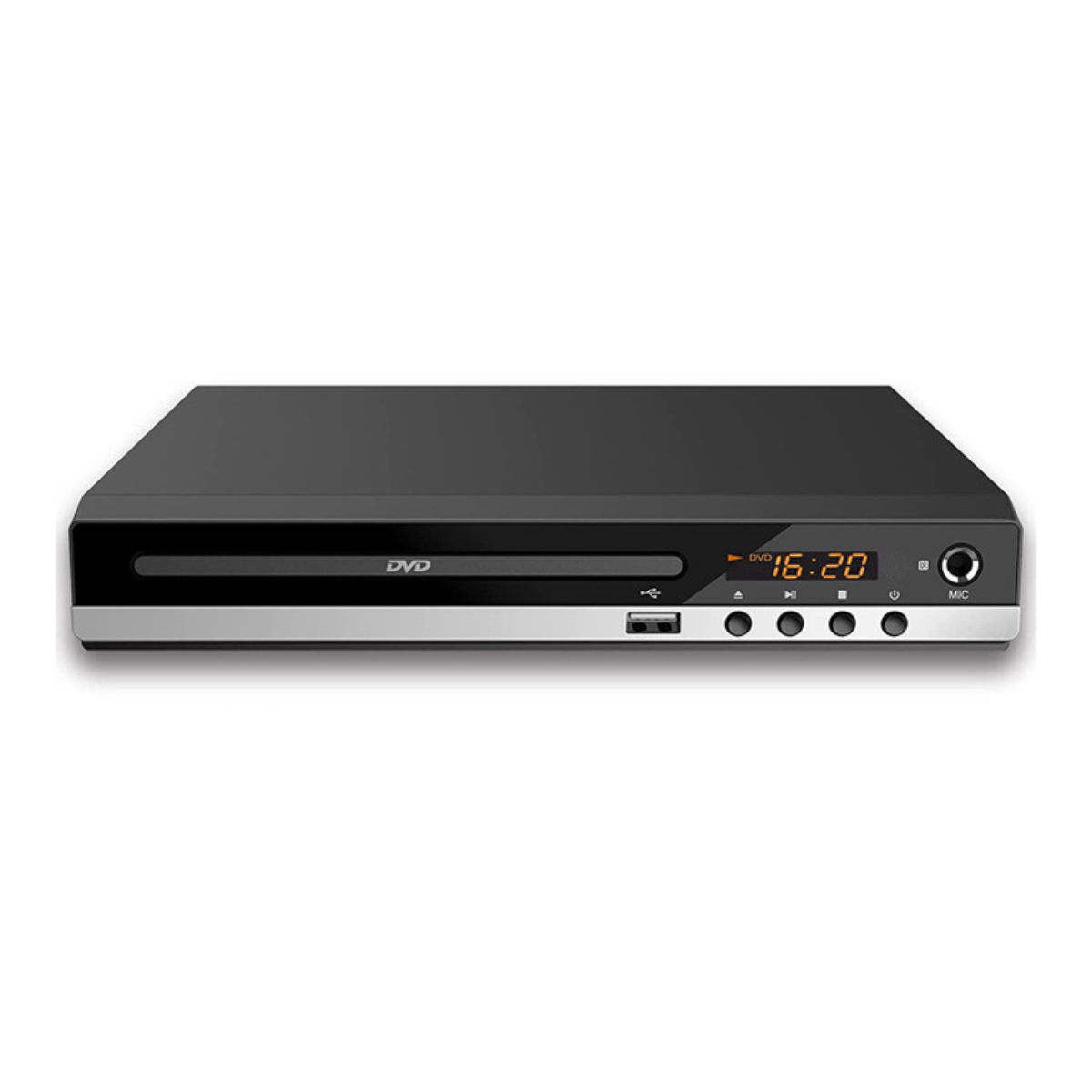 Schwarzer DVD-Player mit Zeitanzeige. Weißer Hintergrund.