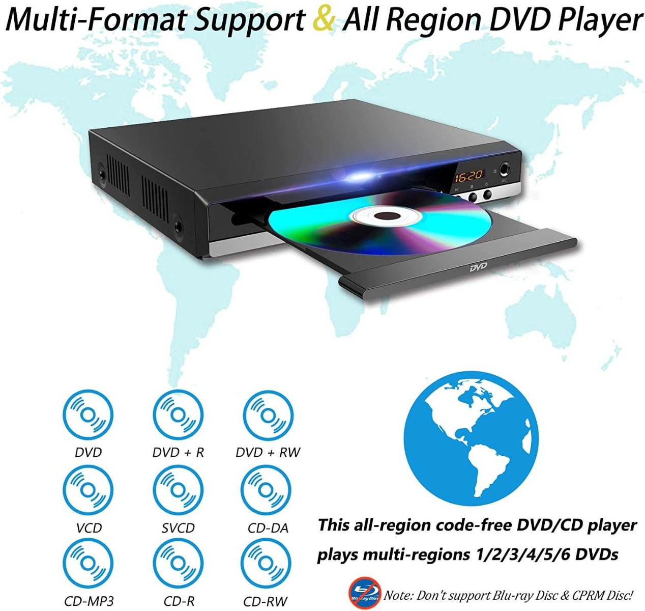 DVD-Player mit teilweise herausragender Disc, zeigt farbenfrohes Bild. Symbole verschiedener Medientypen darunter.