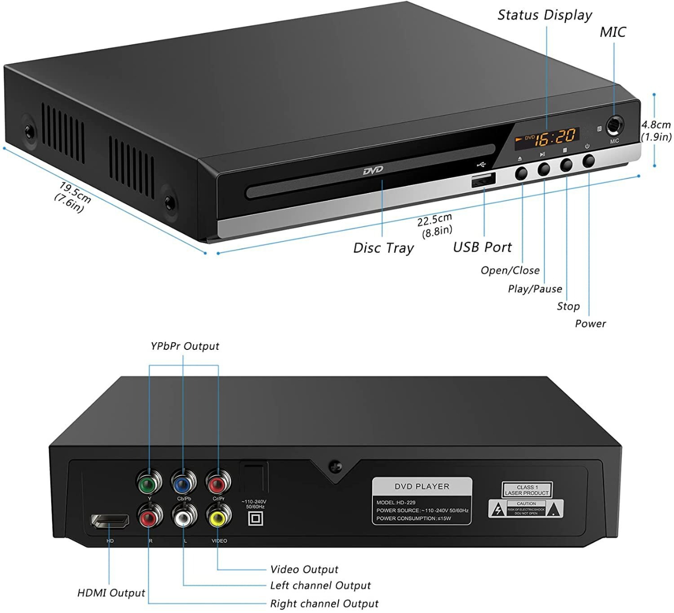 Schwarzer DVD-Player mit Tasten, Fach und Ausgängen. Mit Abmessungen versehen.