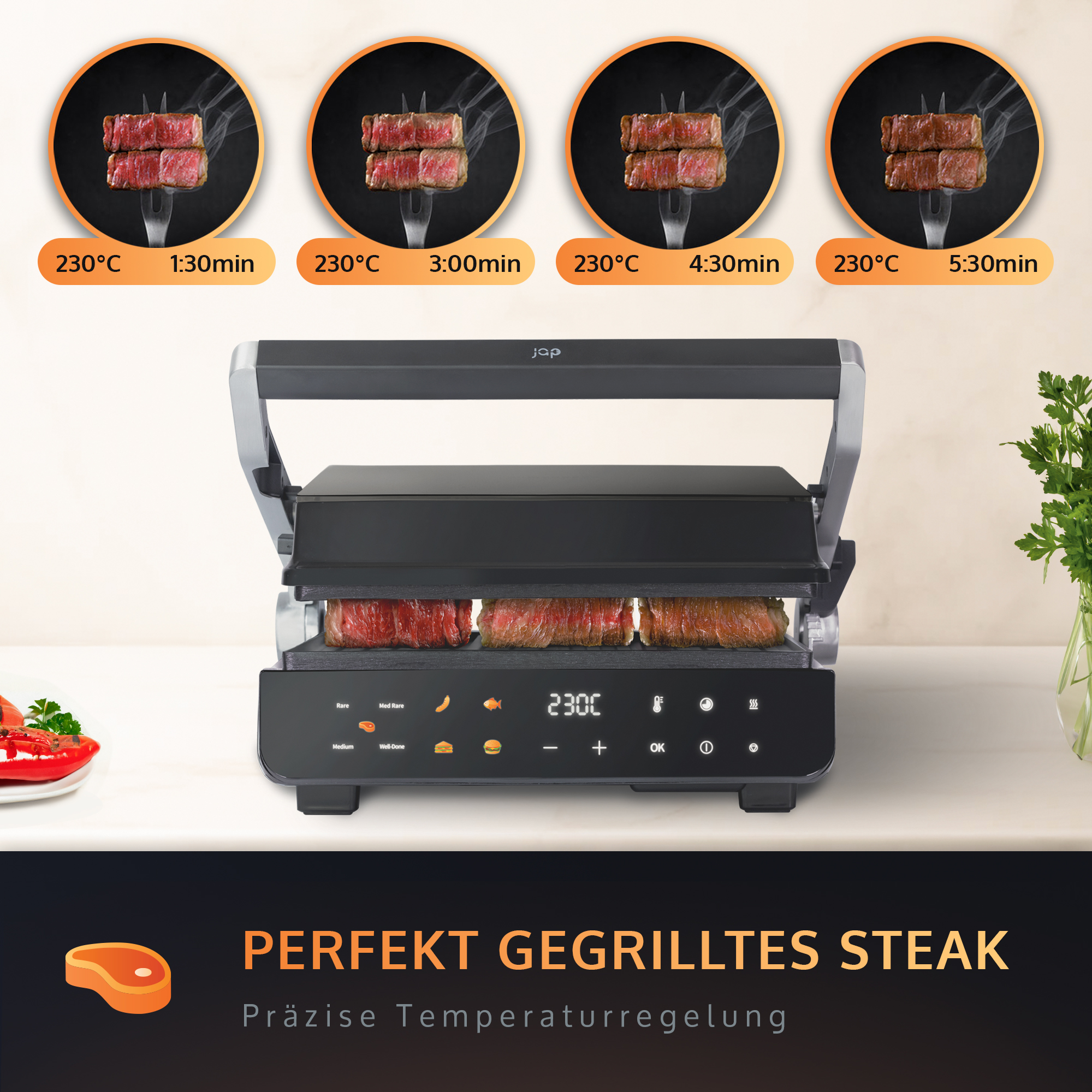 Elektrischer Grill mit Steaks und Bedienfeld mit Timer und Temperatur.