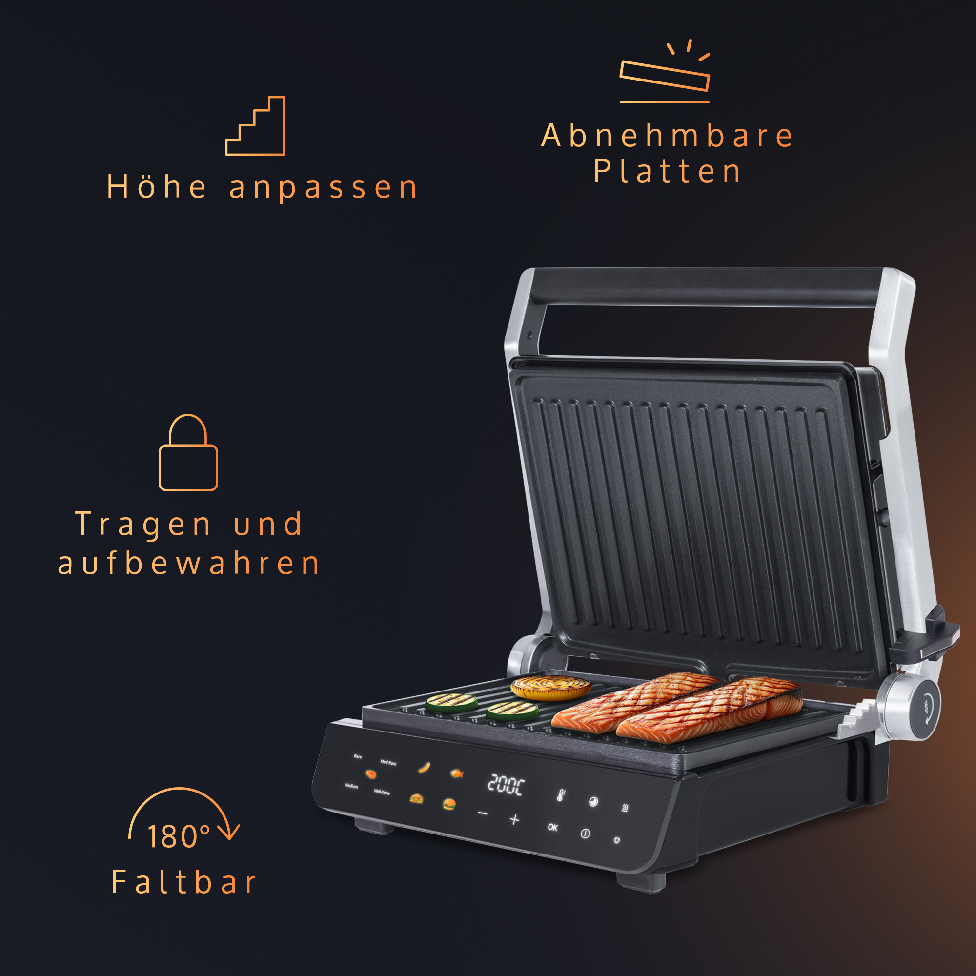 Schwarzer Grill mit deutschem Text für Funktionen und Essen.