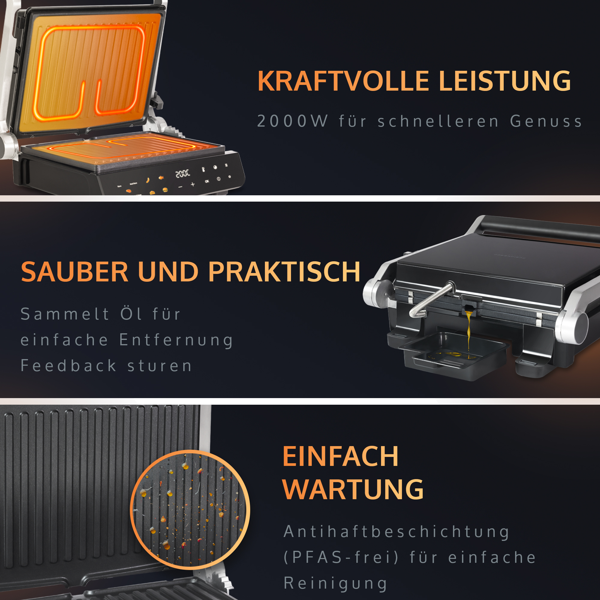 Nahaufnahme eines Grills mit Text über seine Leistung und einfache Reinigung.