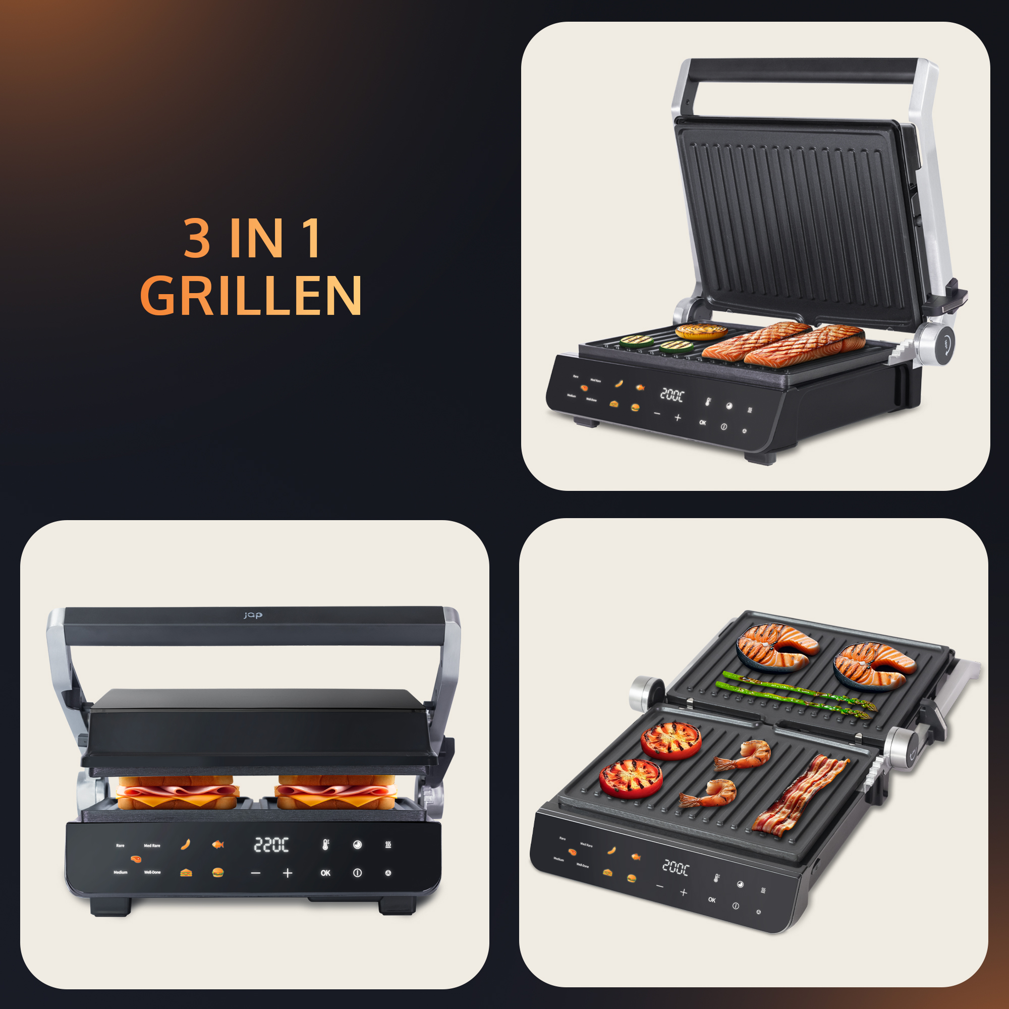Ein 3-in-1-Grill mit verschiedenen Lebensmitteln auf den Kochflächen.