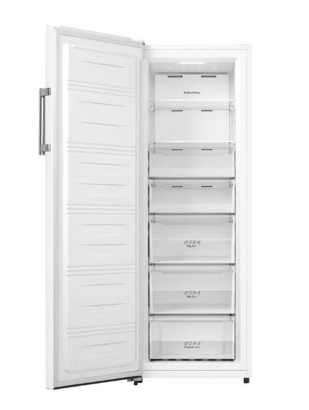 Congelador blanco con puerta abierta. Estantes y cajones visibles adentro.